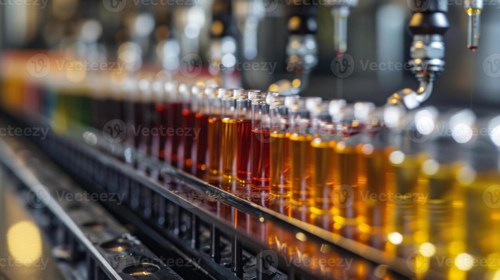Rows of small glass containers filled with vibrant colored liquids are lined up as a machine dispenses various beverages in a production facility. photo