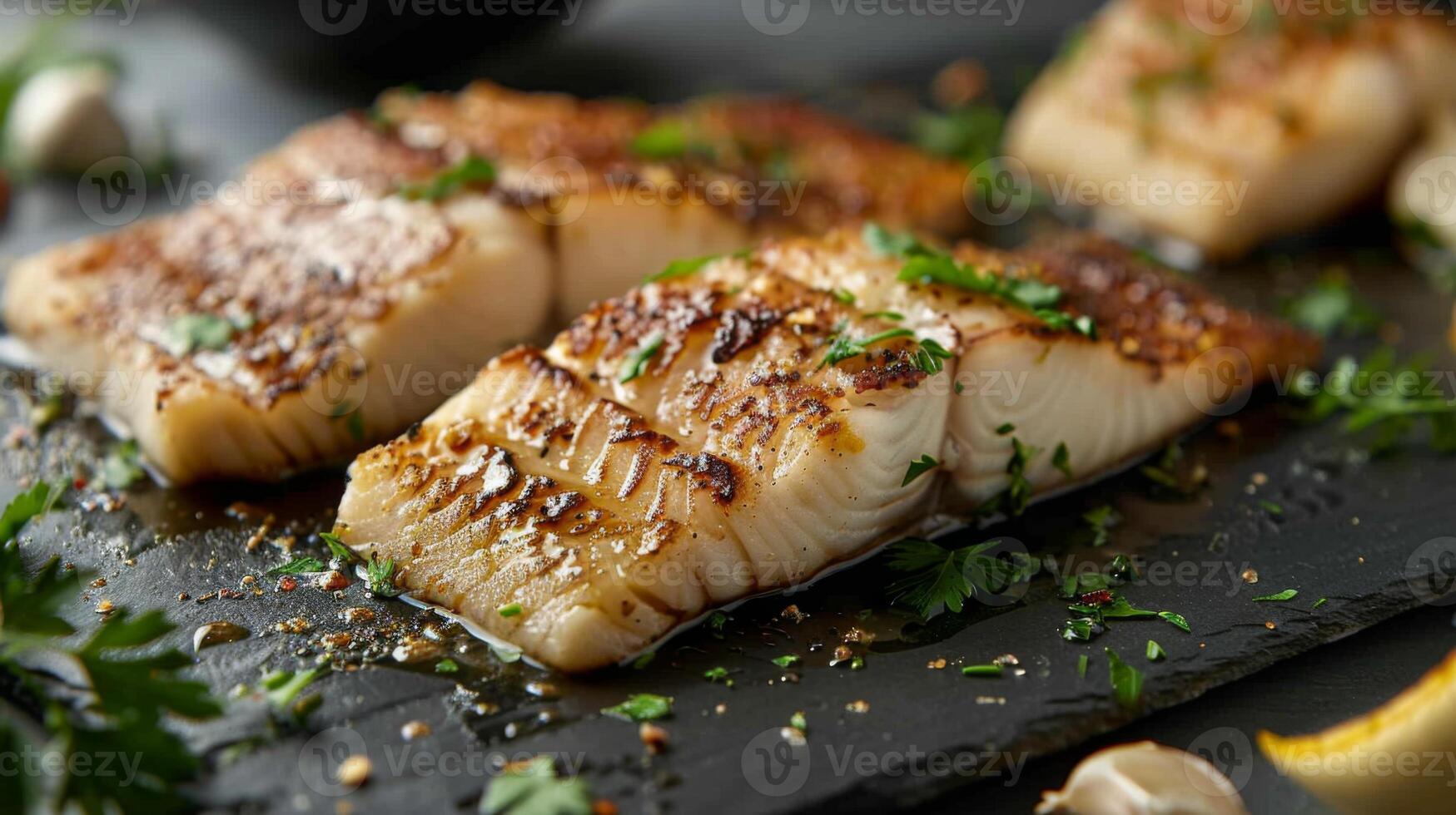 Grilled fish fillets are beautifully presented on a black slate platter, garnished with fresh herbs and spices, highlighting skilled cooking techniques and vibrant flavors. photo
