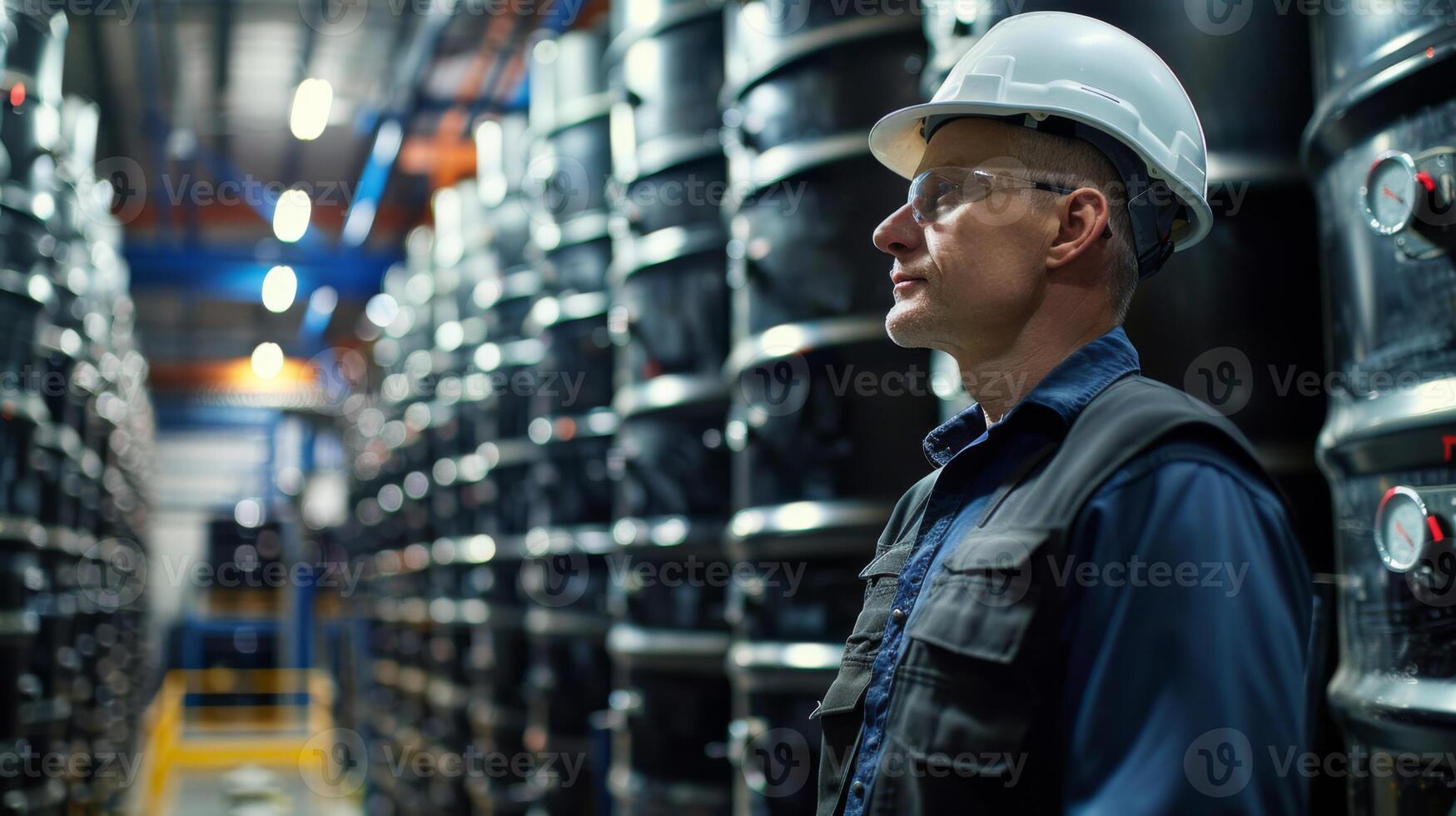 A man wearing a hard hat and glasses stands confidently, overseeing the production area filled with large black containers, showcasing a busy industrial environment in daylight. photo