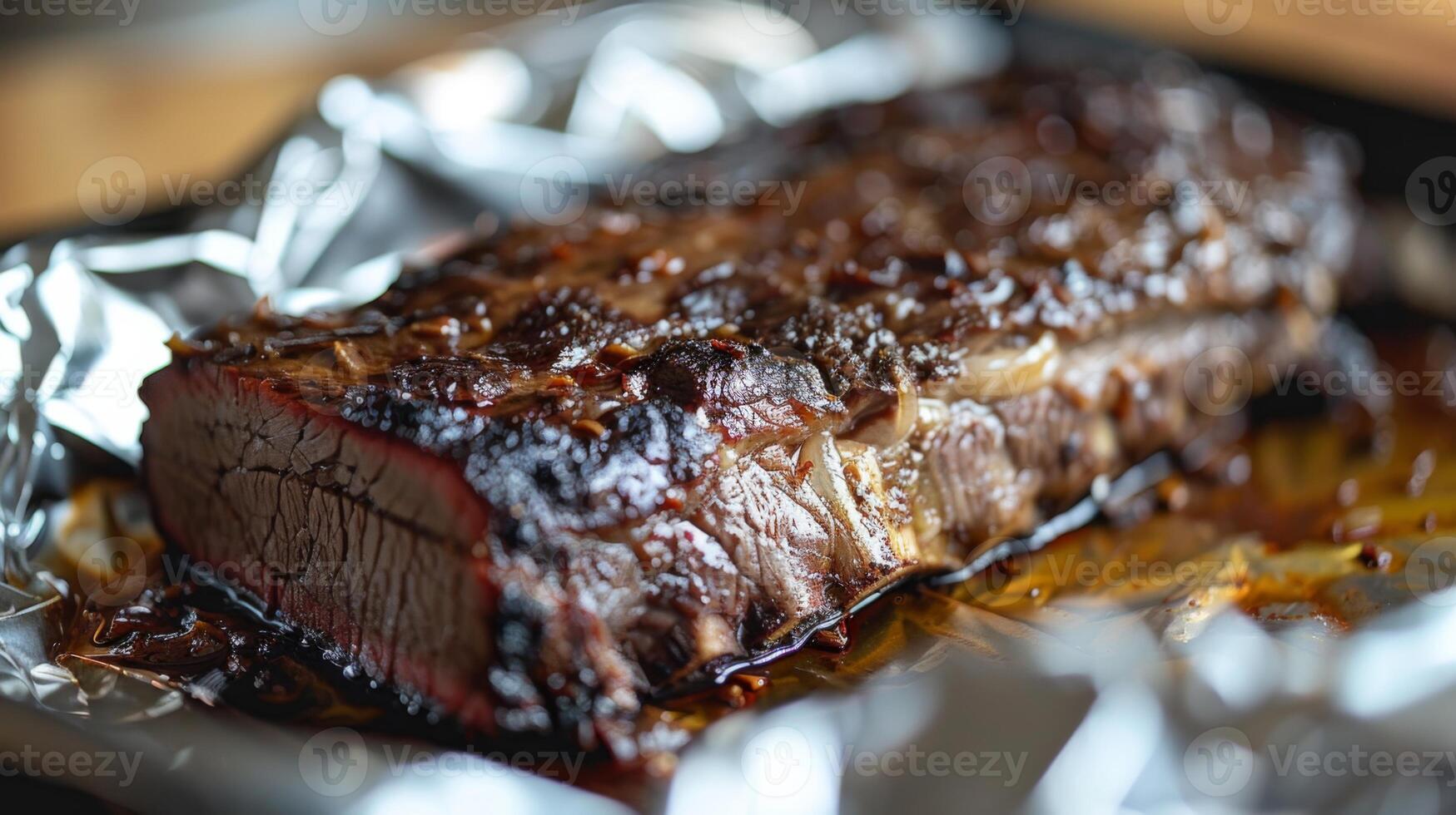 Juicy beef brisket glistens with a rich glaze, resting on foil in a backyard setting as warm sunlight adds a golden hue to the scene during a late afternoon gathering. photo