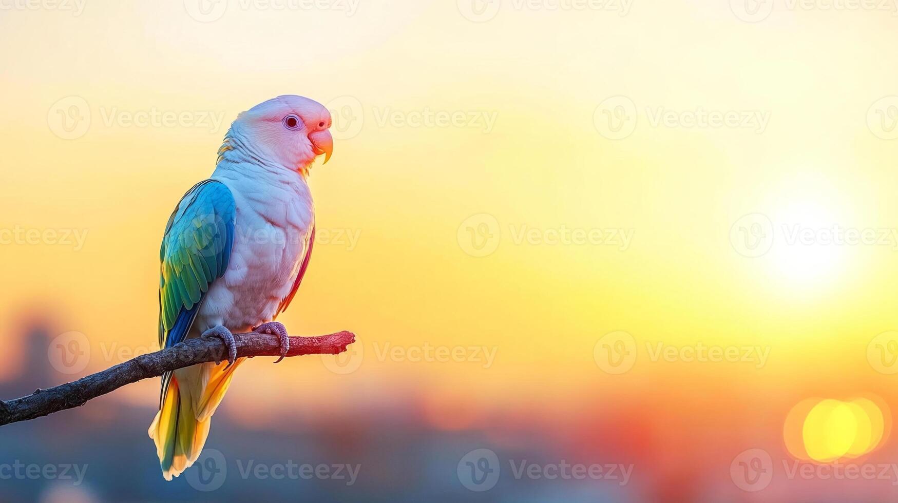 A colorful parrot sits gracefully on a branch as the sun sets in a tropical setting. The warm hues of the sky provide a stunning backdrop, creating a peaceful vacation atmosphere. photo