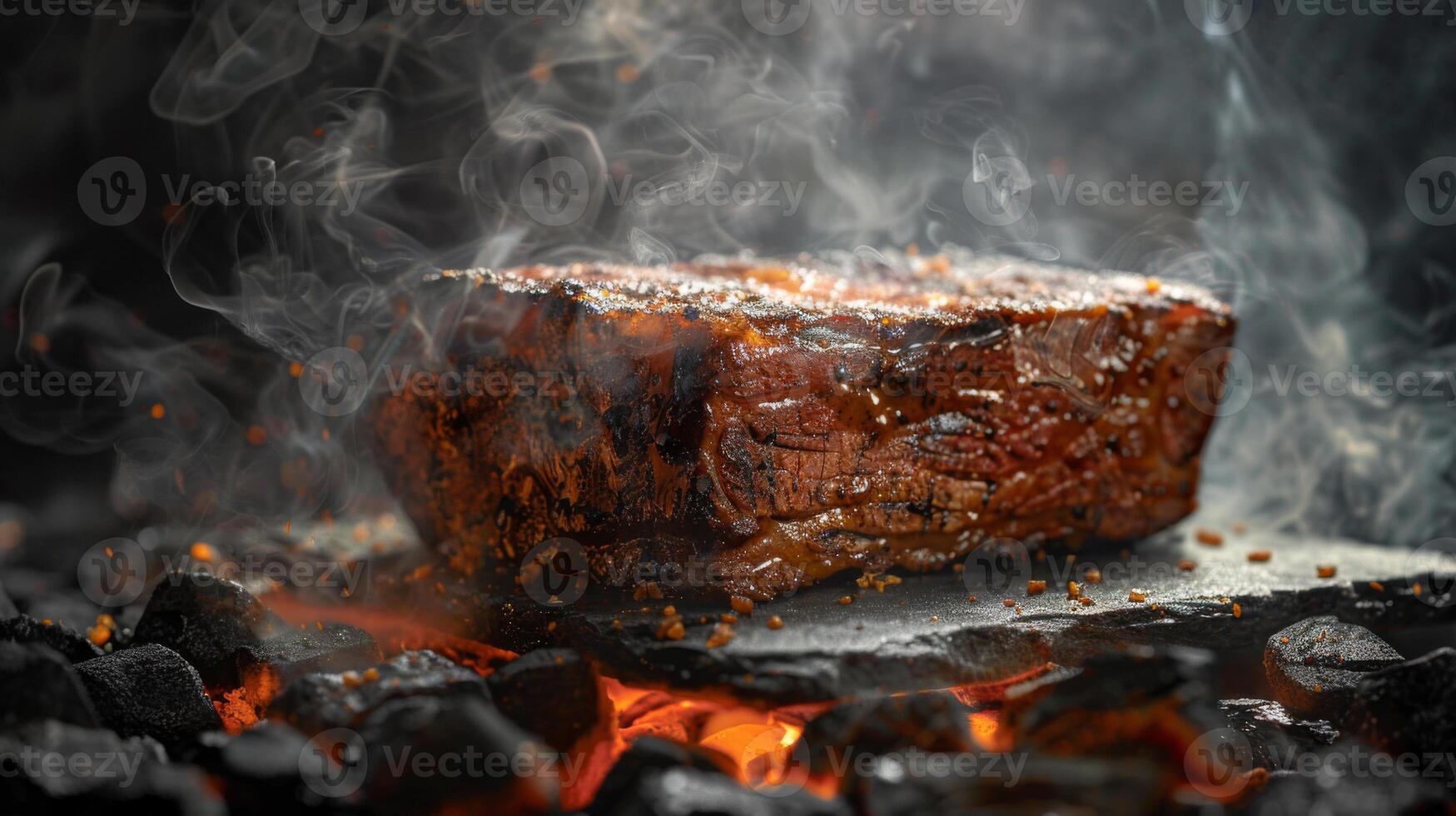 A thick cut of steak sizzles on a grill grate, releasing flavorful smoke as it cooks over vibrant hot coals, creating a mouthwatering outdoor cooking experience. photo
