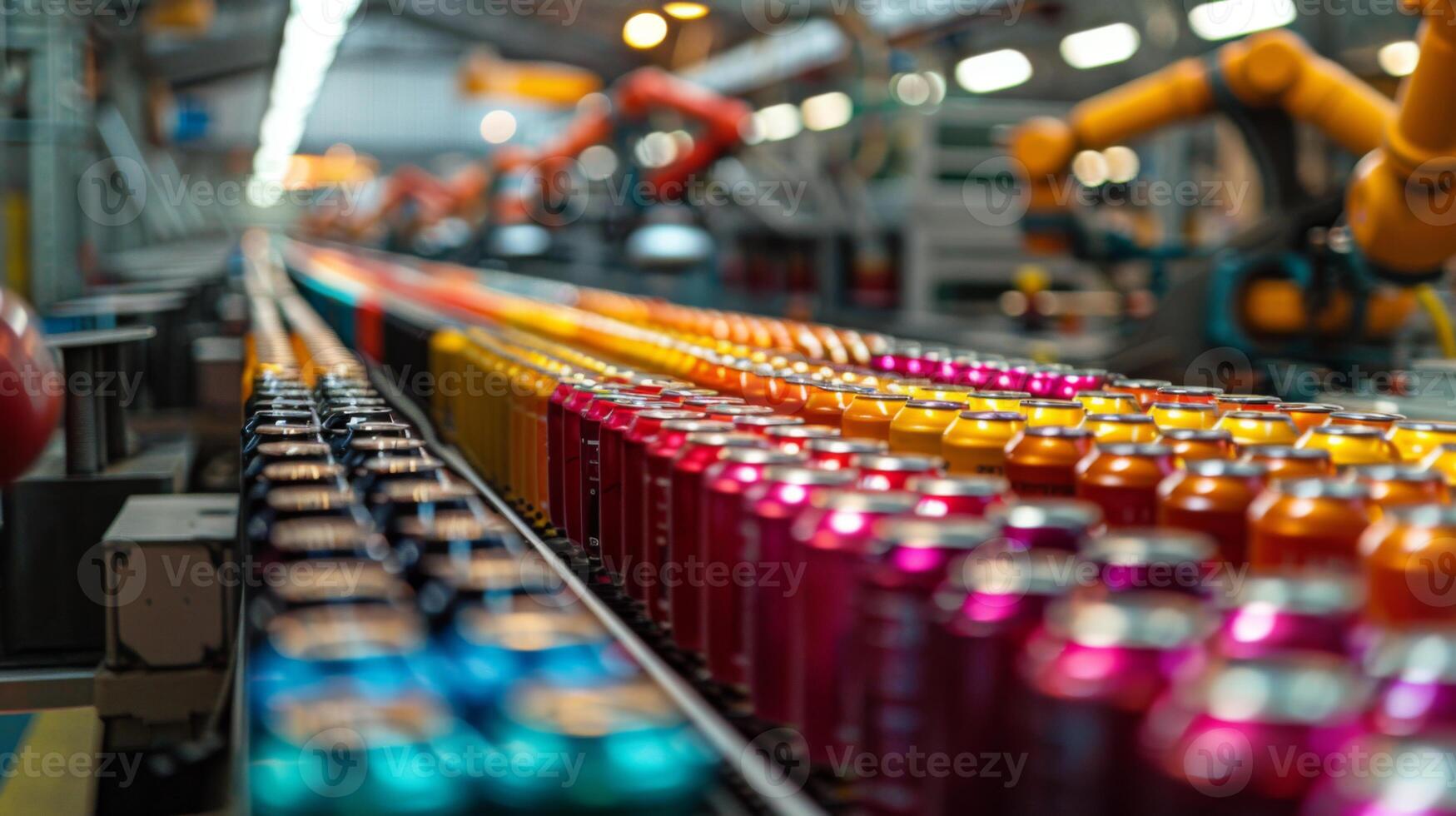 Robotic arms efficiently handle vibrant cans in a busy beverage production line. The industrial setting is filled with technology, showcasing automation and organization. photo