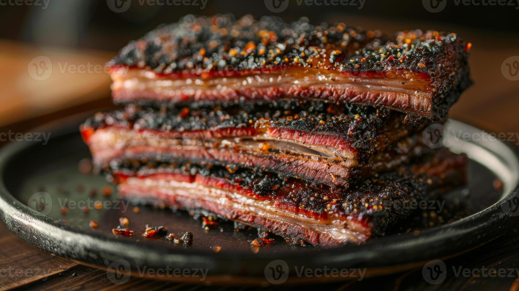 Tender brisket slices with a smoky crust are layered on a rustic plate, showcasing a rich blend of flavors at a casual barbecue gathering during the evening hours. photo