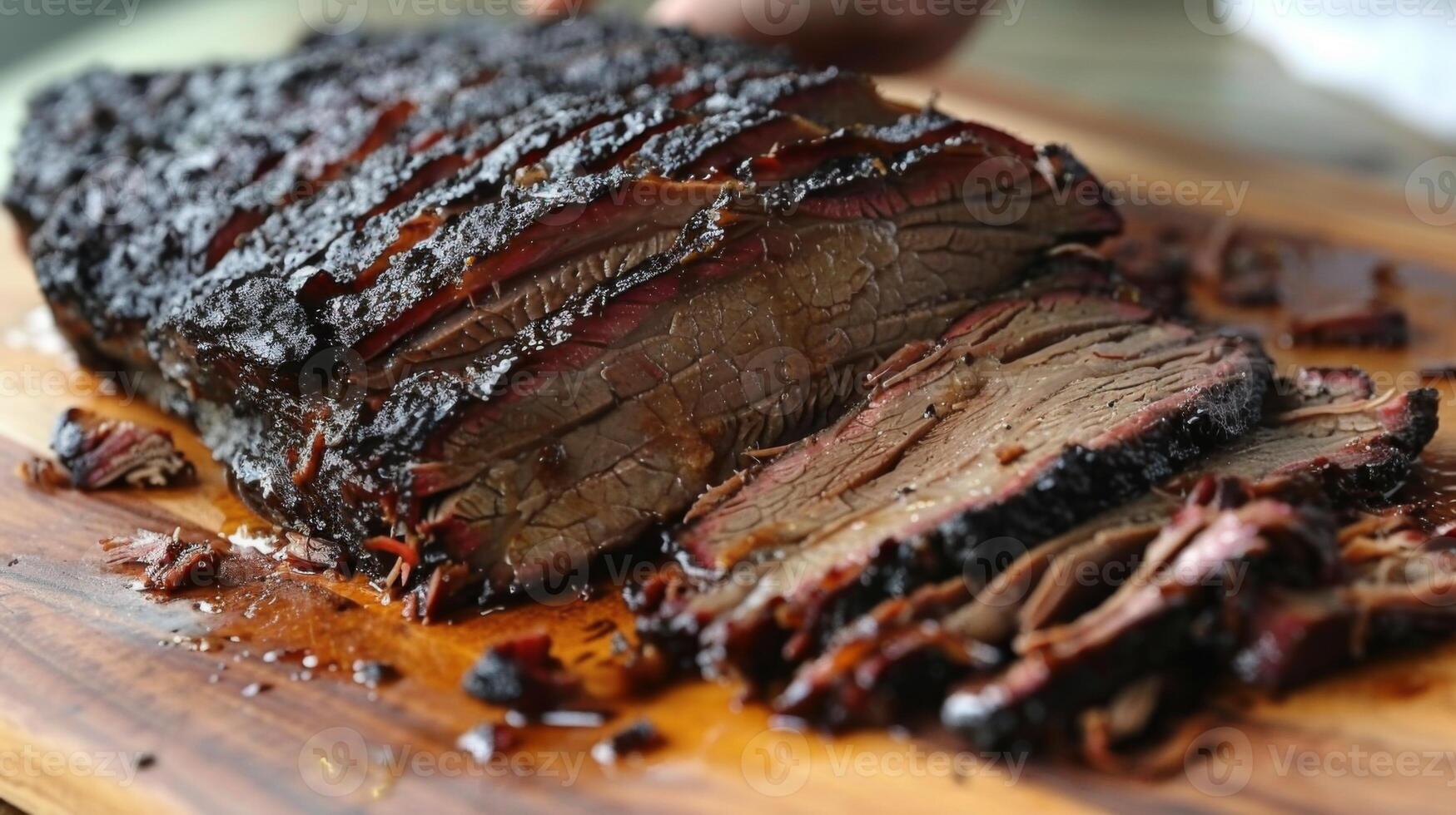 A beautifully smoked brisket showcases rich colors and textures, resting on a wooden board. The succulent meat is sliced, ready to be enjoyed by guests at an outdoor barbecue. photo