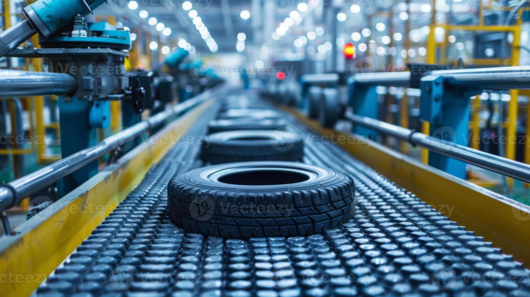 Brightly lit factory interior features a conveyor belt with rubber tires, moving towards an assembly line for final processing and quality checks during daytime operations. photo