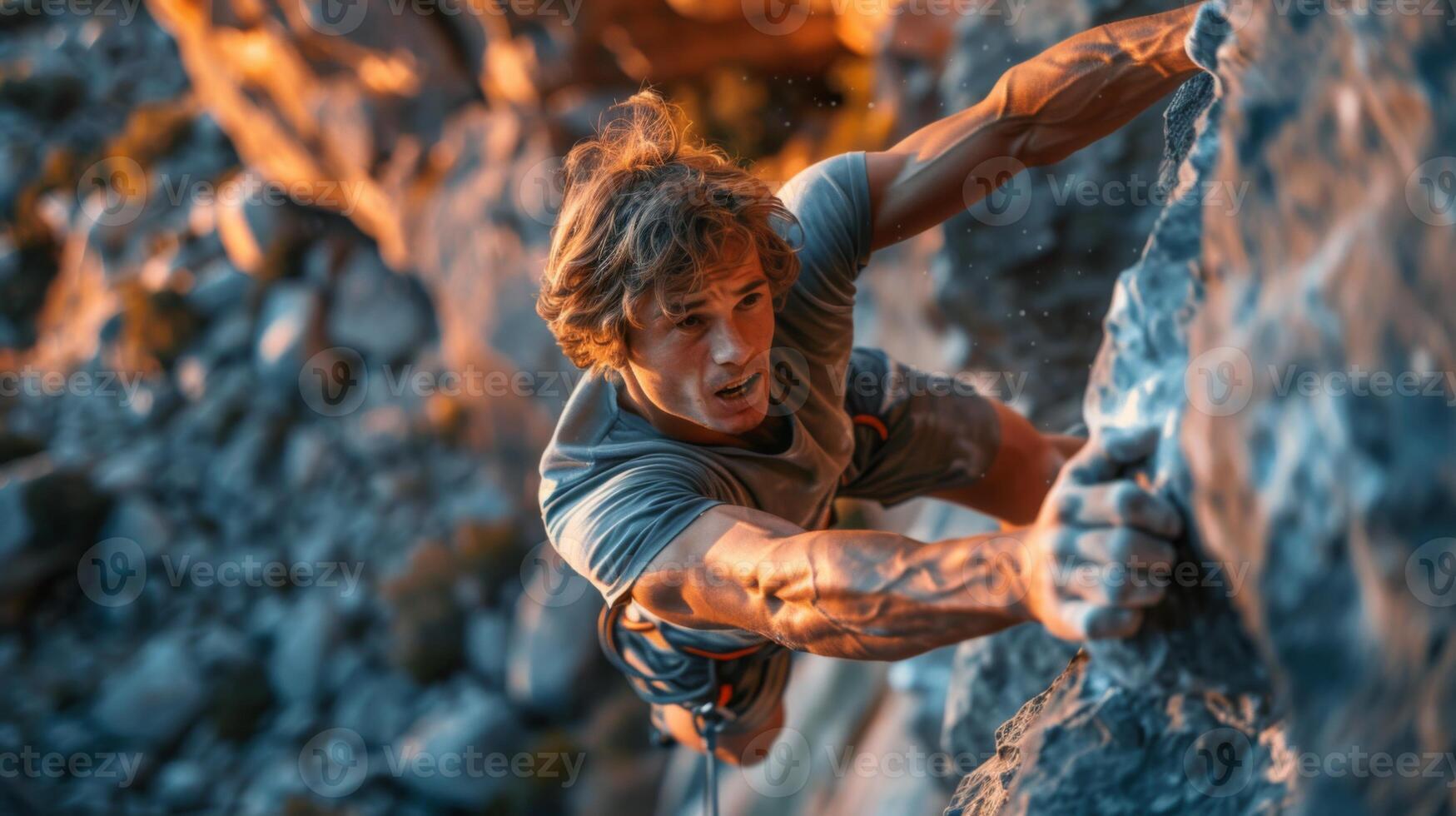 A climber ascends a steep rock face, gripping the rough surface with focused determination. The warm light of sunset bathes the scene, highlighting the climber's muscles and effort. photo