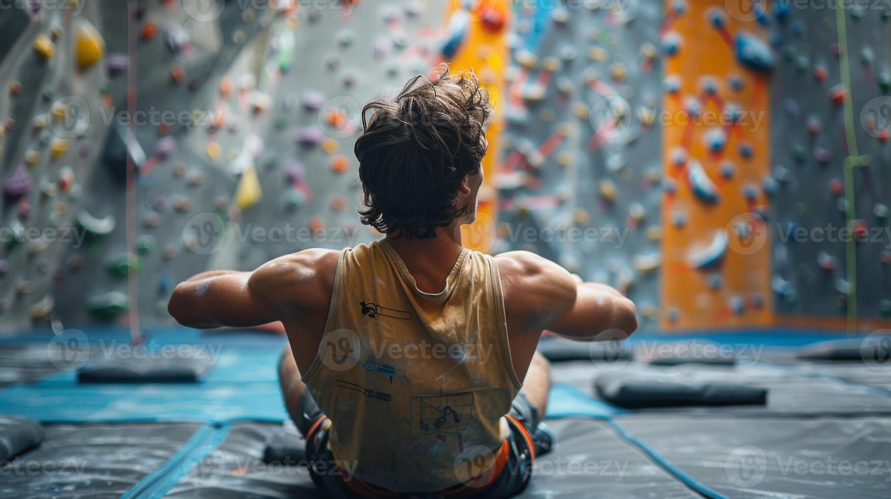 Climber sits on the padded floor of an indoor rock climbing gym, warming up and observing the colorful climbing walls adorned with various holds, preparing for a challenging ascent. photo