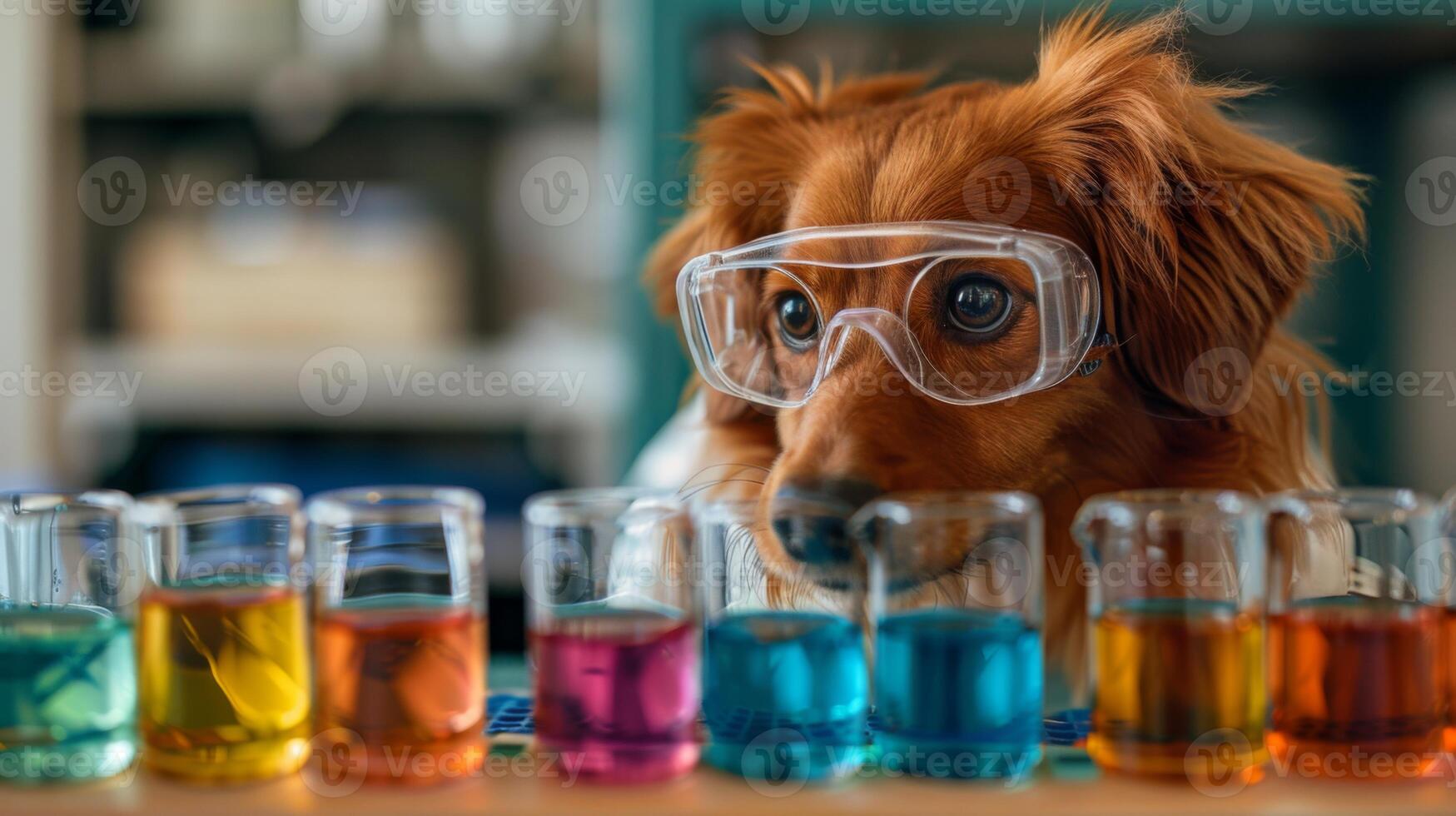 A curious dog with fluffy fur and goggles watches attentively as various colorful liquids are displayed in laboratory beakers, creating a playful science environment. photo