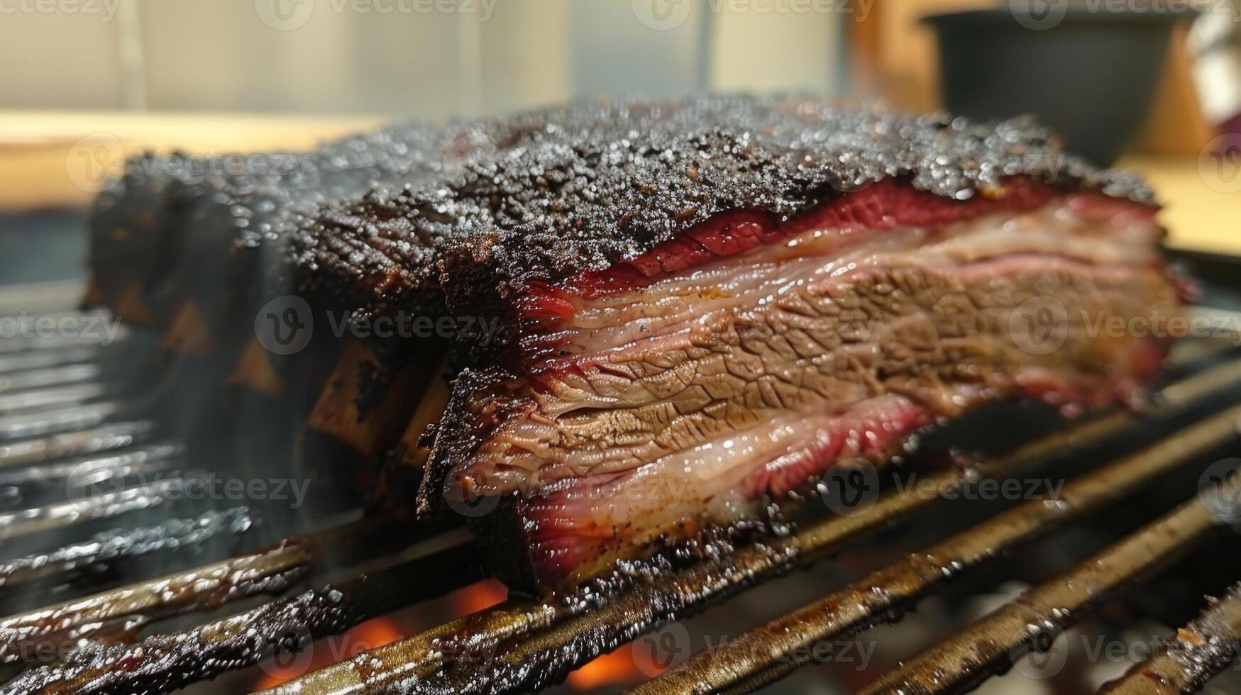 A succulent brisket with a deep, dark crust rests on a grill, releasing savory steam while cooking slowly over open flames, capturing the essence of outdoor barbecue culture at dusk. photo
