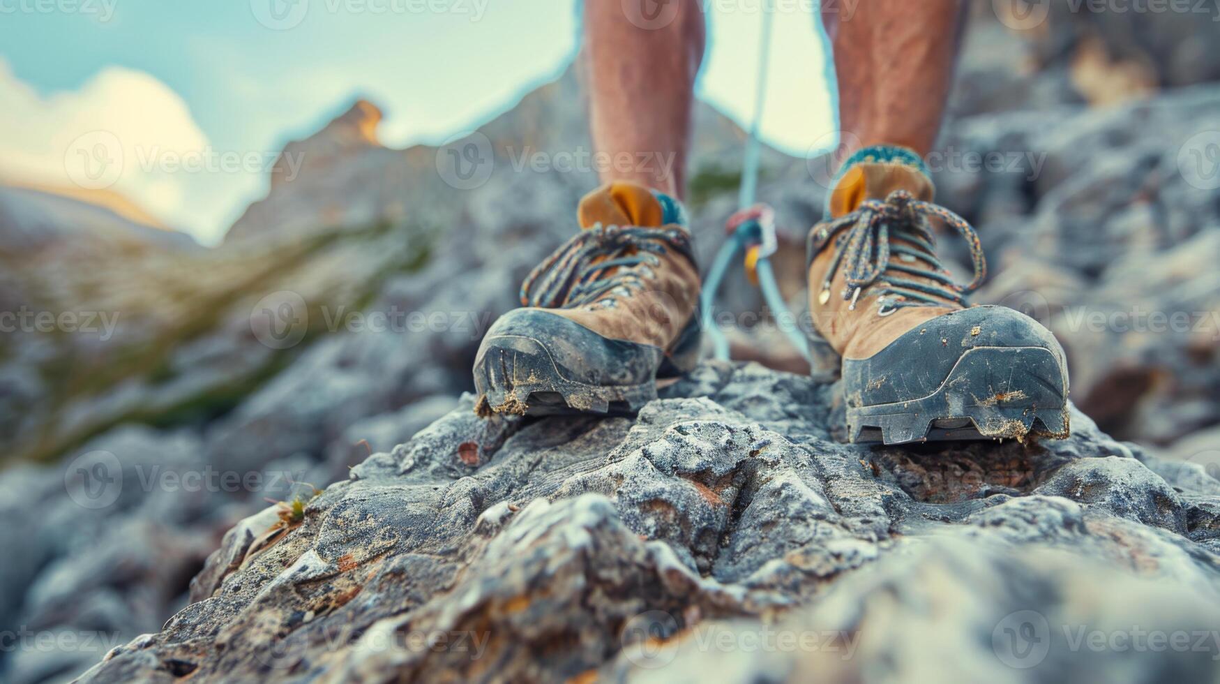 Adventurers scale rocky cliffs, showcasing determination and skill while enjoying the stunning mountain scenery under a clear blue sky. photo