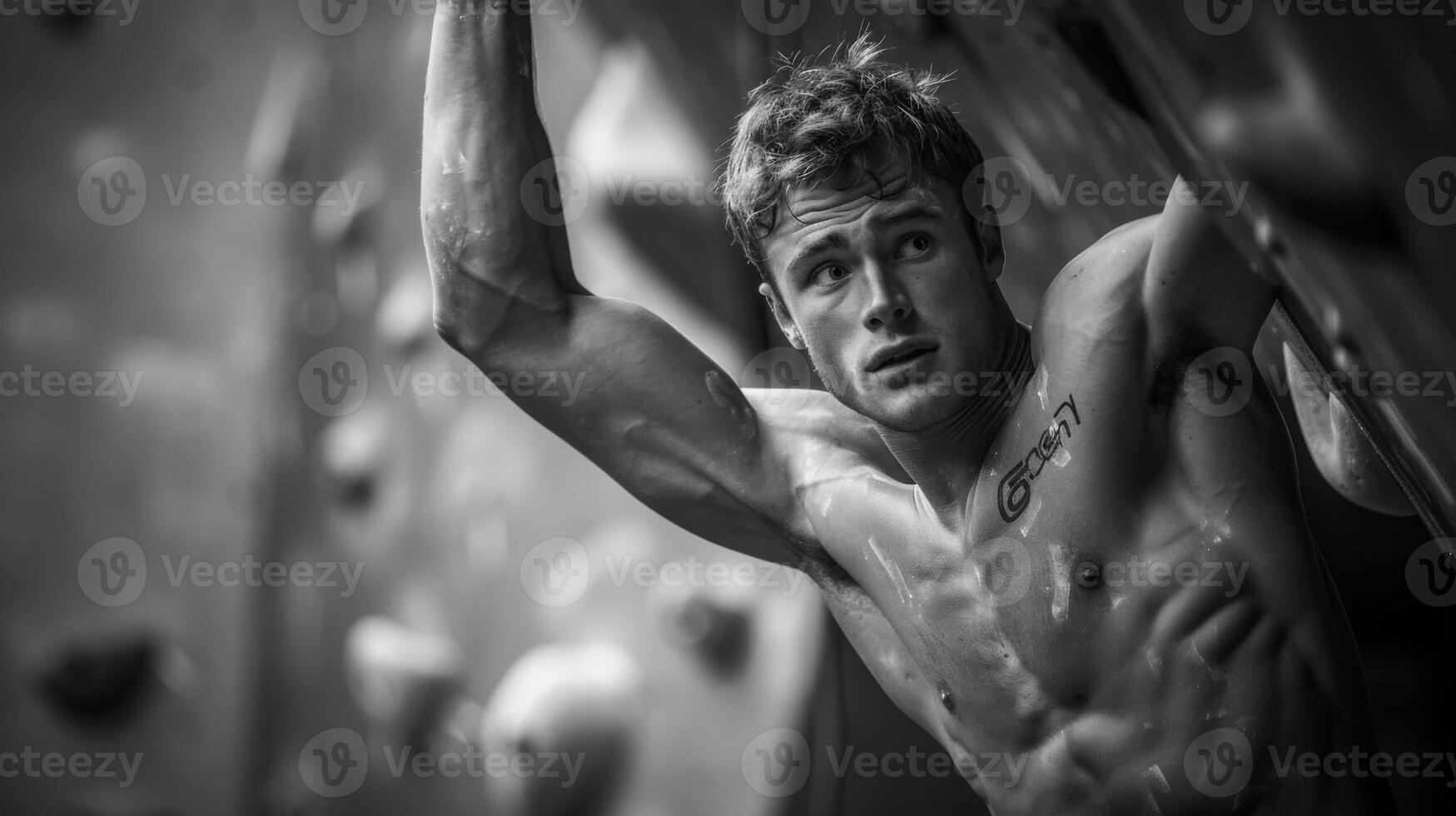 A shirtless climber displays focused concentration and intense effort while ascending a challenging boulder problem in a well lit indoor climbing gym during the evening. photo