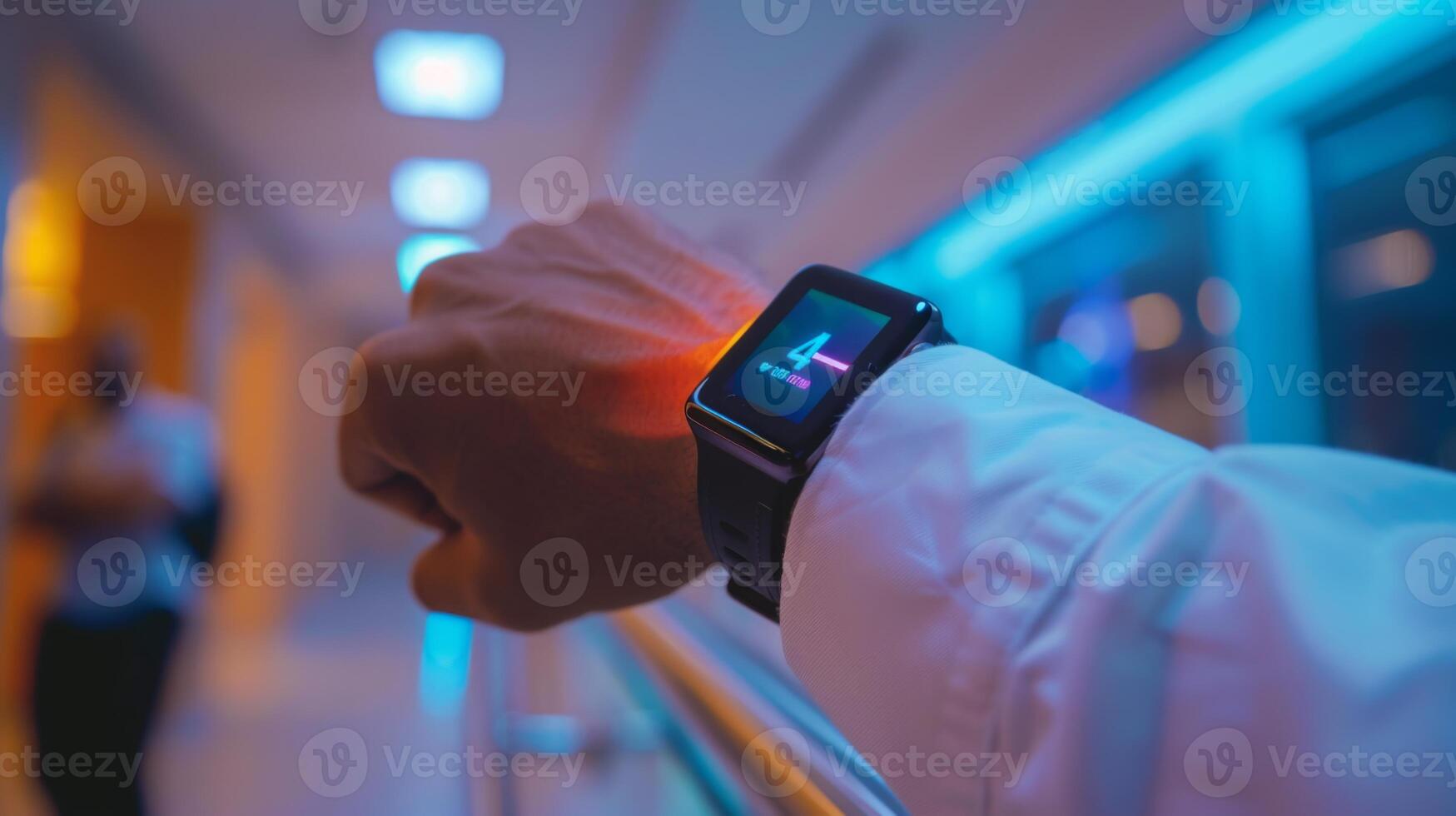 A smartwatch on a person's wrist shows detailed analytics from a mindfulness app. The setting features vibrant lighting and a blurred figure in the background, indicating a telemedicine environment. photo