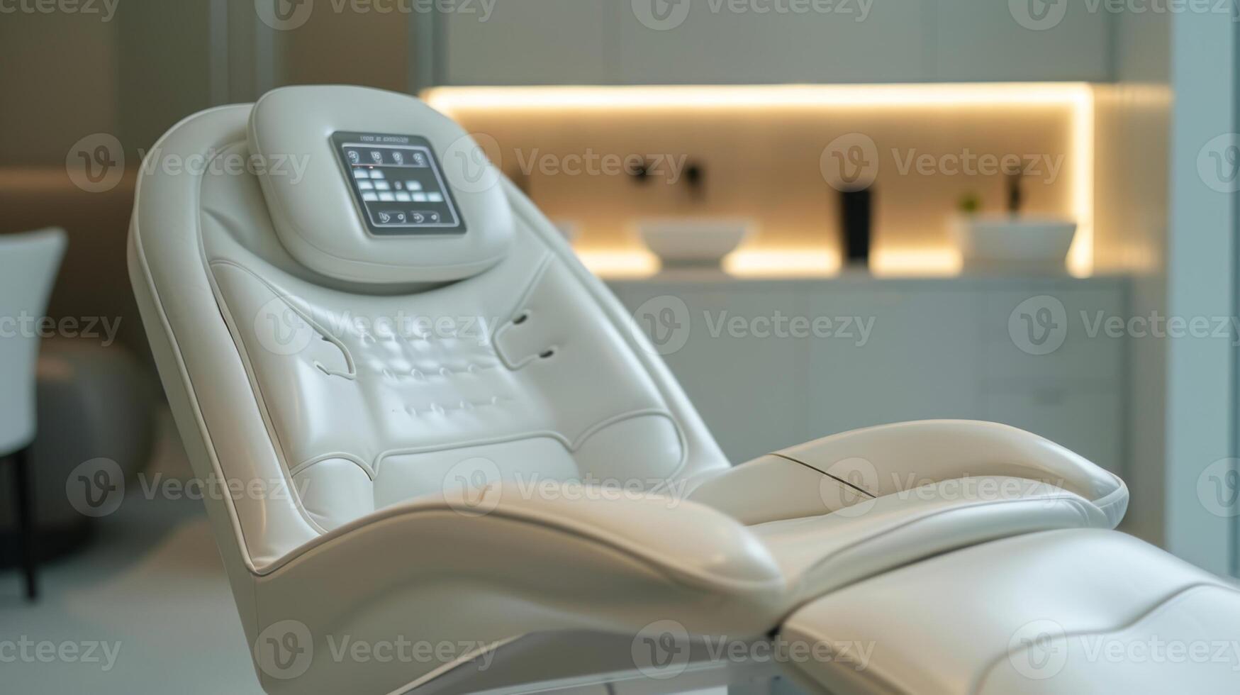 A sleek therapy chair equipped with control panels, set in a calming space designed for digital mental health and mindfulness practices. Ideal for remote healthcare sessions. photo
