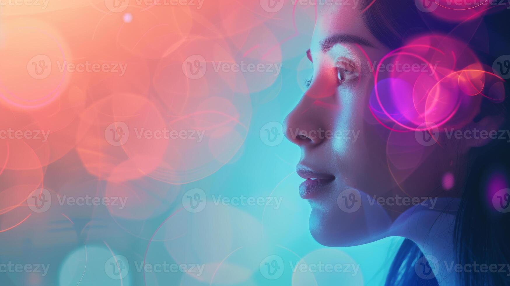 A calm young woman is engaged in mindfulness practices, surrounded by soothing colors that evoke tranquility. This setting illustrates the benefits of digital therapy in mental health care. photo