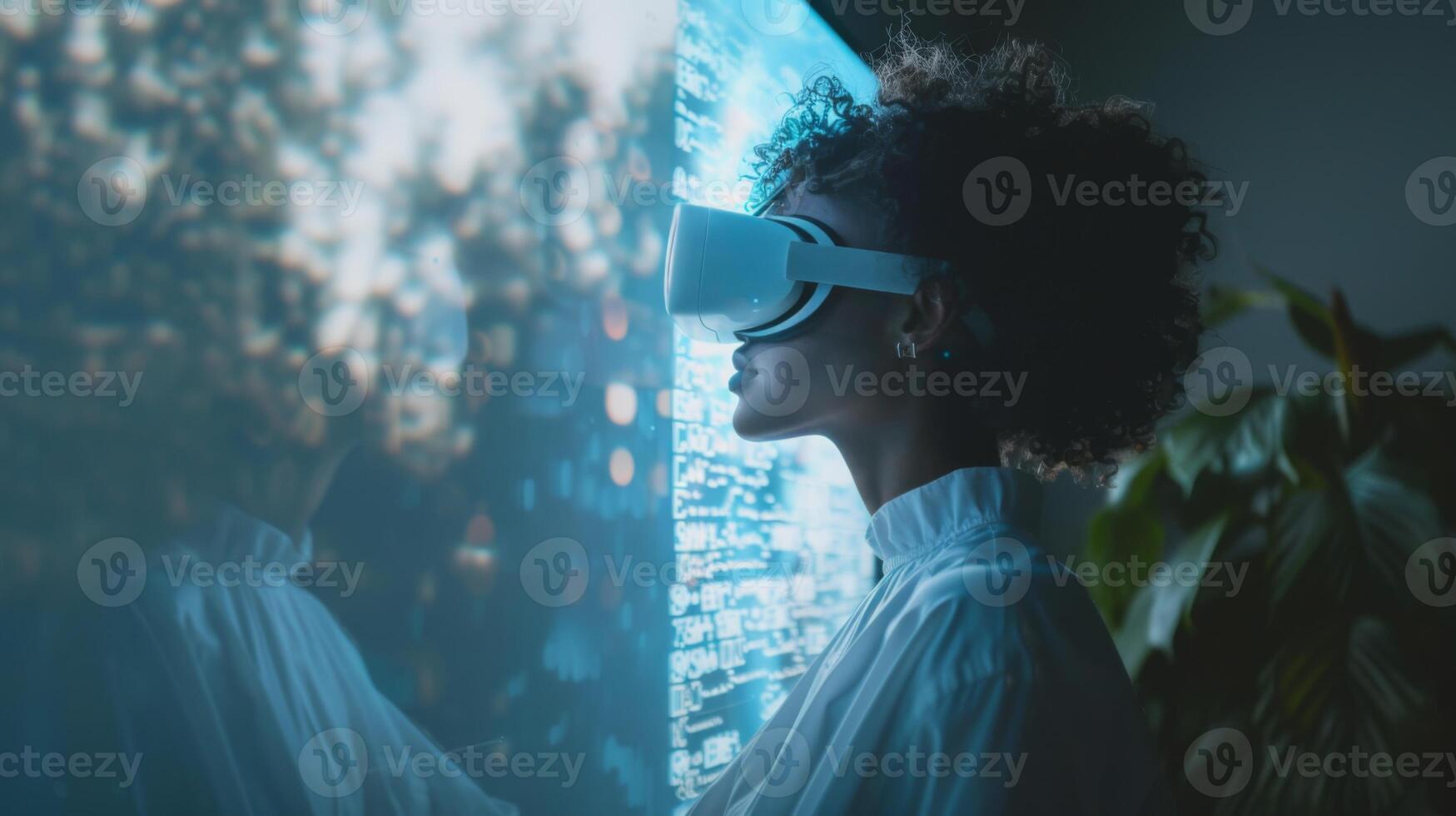 A person engages with virtual reality technology in a serene environment, experiencing digital therapy designed to improve mental health and mindfulness practices. photo