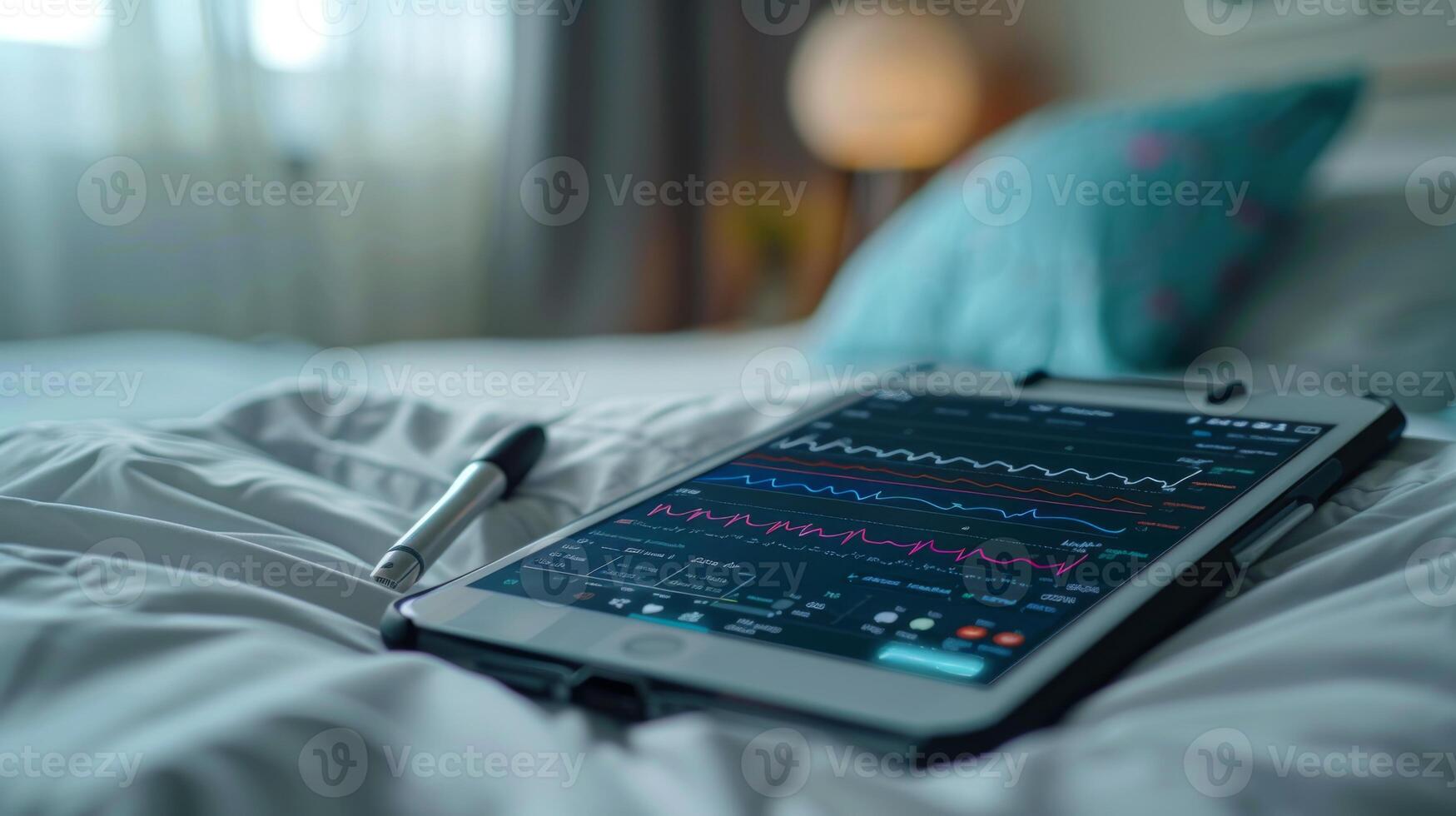 A tablet displaying digital therapy analytics sits on a bed, indicating the use of mindfulness and mental health applications in a relaxed bedroom environment. photo