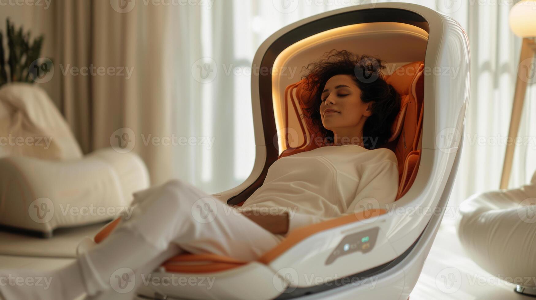 A woman is enjoying a mindfulness session in an innovative therapy pod, surrounded by a serene living space with soft lighting, promoting mental wellness and relaxation. photo