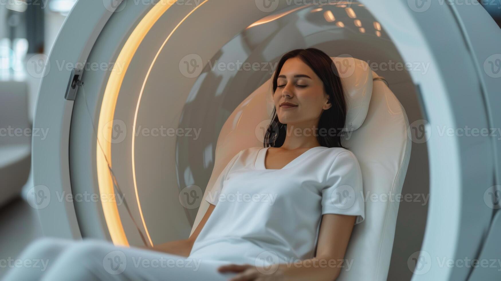 A woman engages in a digital therapy session aimed at enhancing mindfulness and mental health, utilizing advanced technology in a calming environment designed for telemedicine use. photo