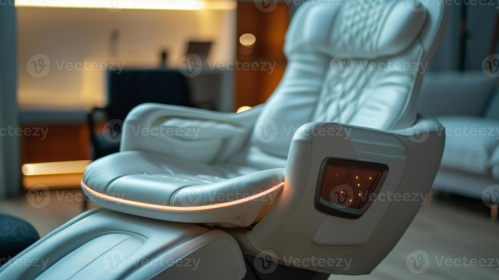 A sleek and modern mindfulness chair is set up in a calming telemedicine environment, designed for digital therapy sessions aimed at enhancing mental health. photo