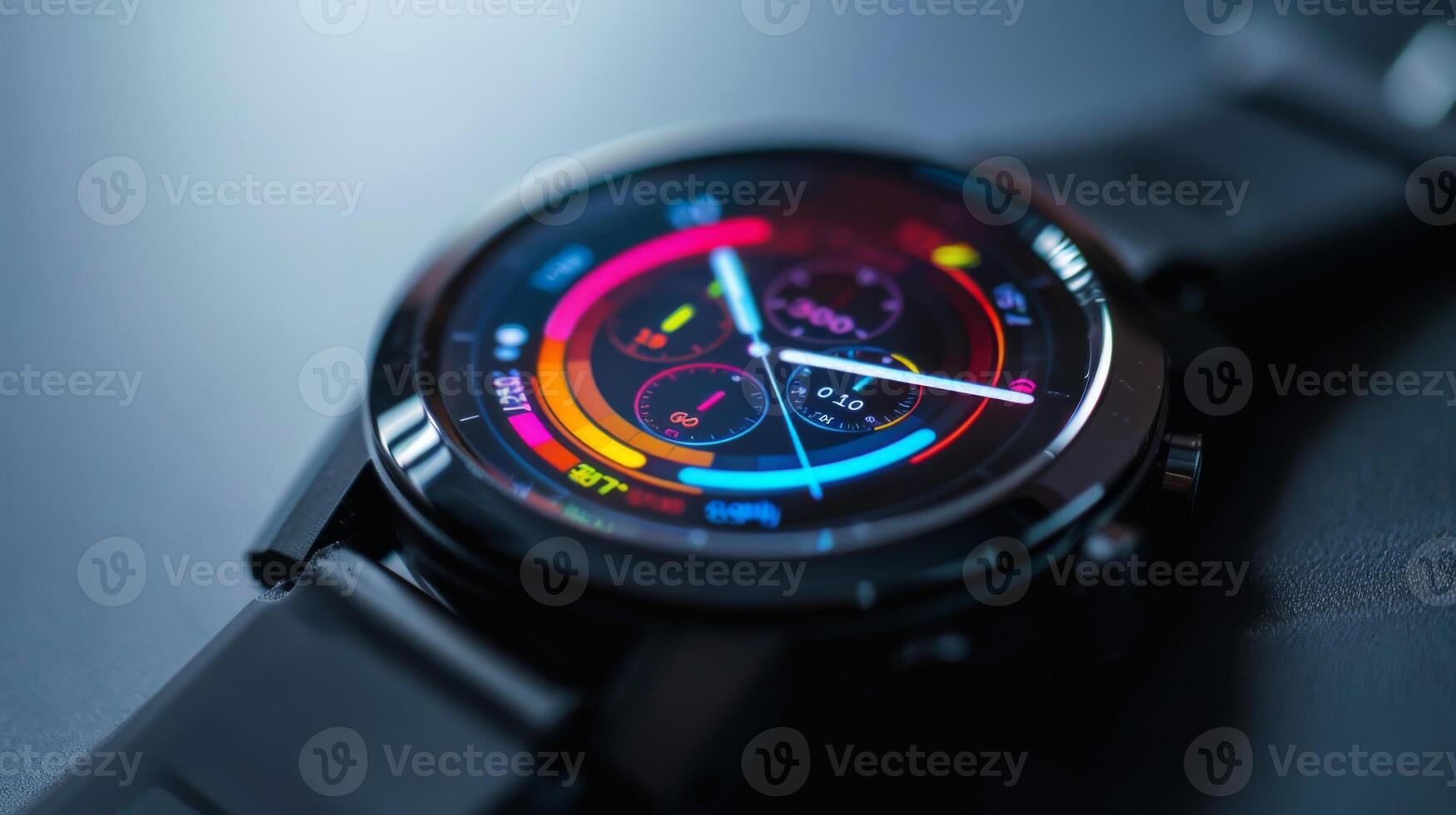 A smartwatch screen features a colorful display of digital therapy and mindfulness app metrics, emphasizing the importance of mental health care through technology for users today. photo