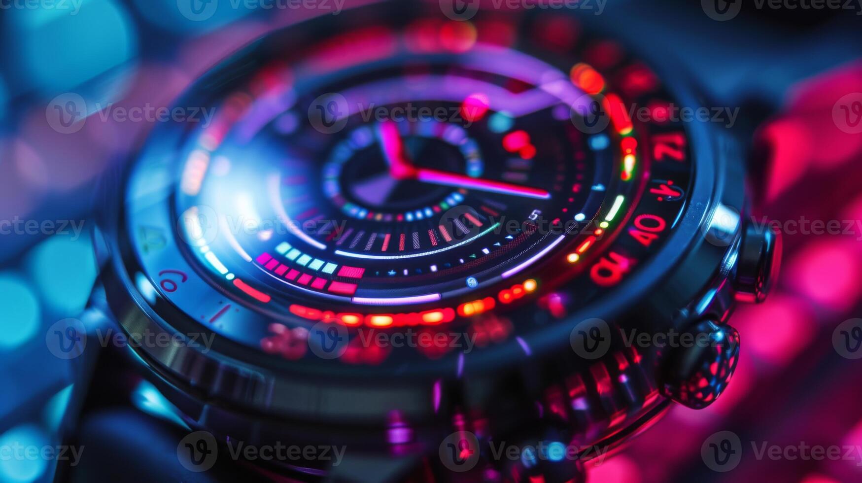 A digital watch illuminates in vibrant colors, reflecting the synergy between technology and wellness focused on mindfulness and mental health improvement using apps and telemedicine. photo