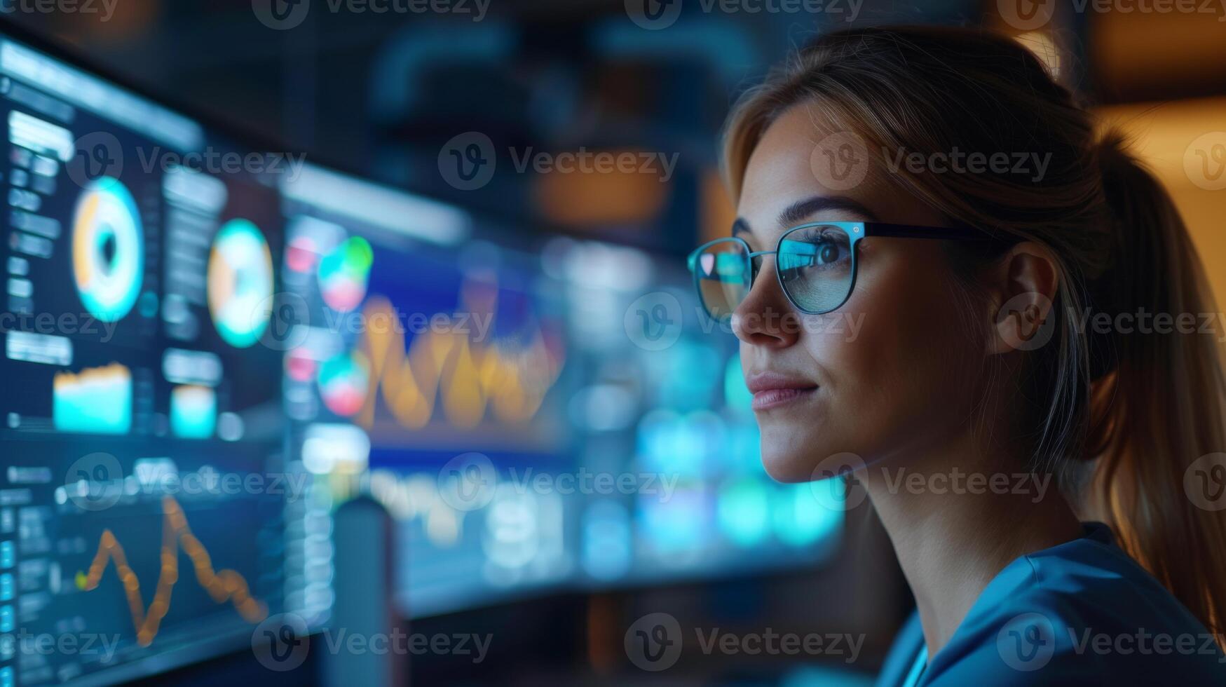 A focused individual analyzes data on multiple screens showcasing digital therapy trends, emphasizing the importance of mindfulness and mental health technology in telemedicine. photo