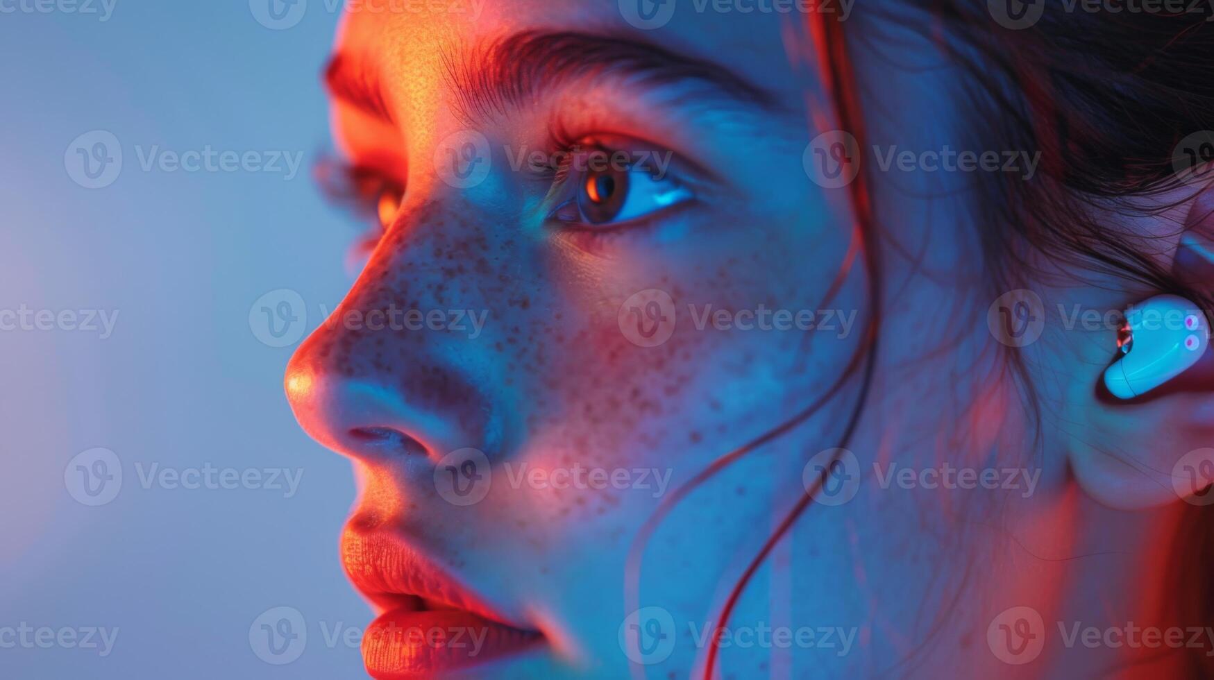Focus on a young person's face illuminated by colorful lights, reflecting their engagement with mindfulness through digital therapy applications, emphasizing mental health benefits. photo