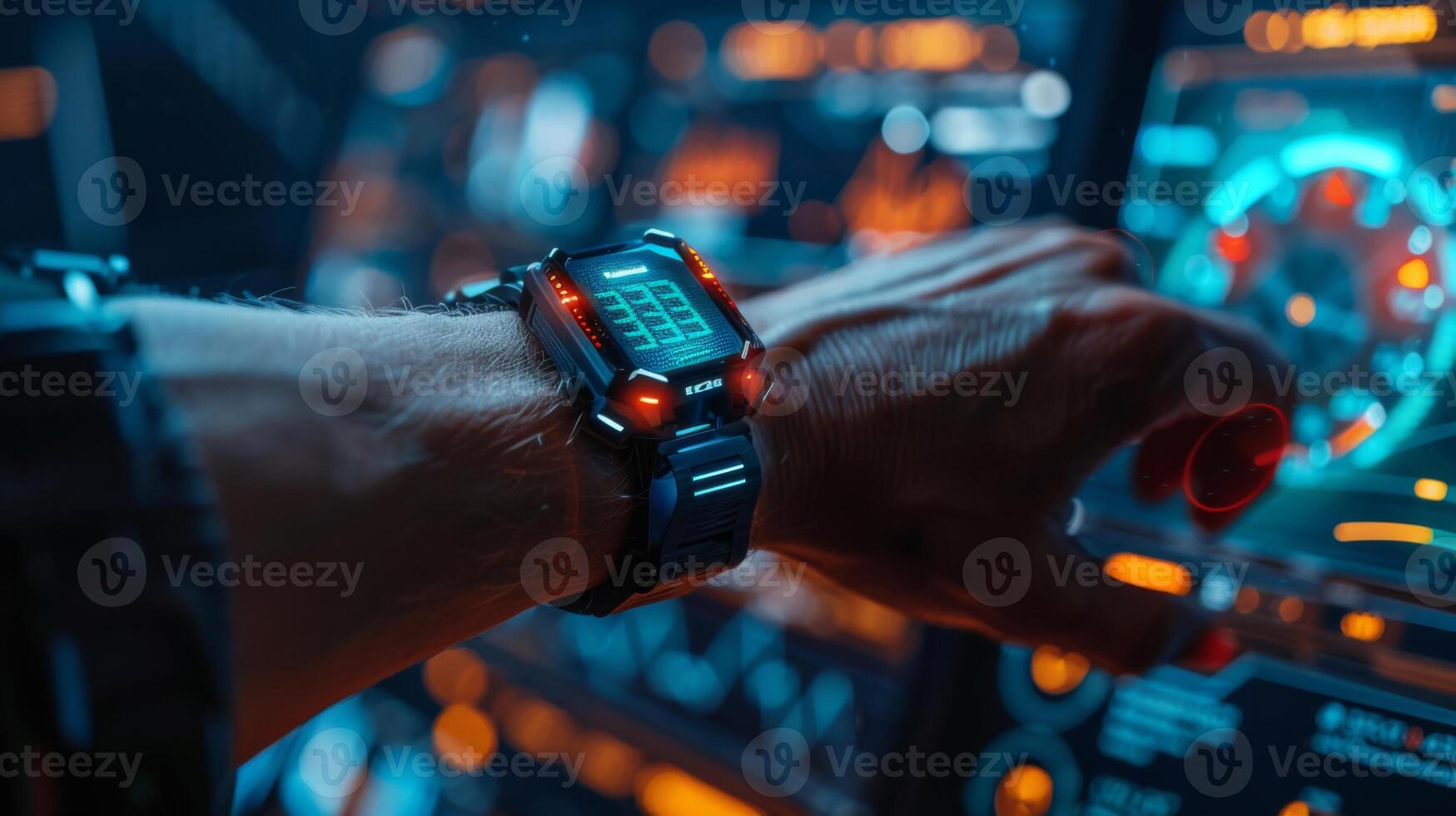 A person interacts with a high tech interface while wearing a digital therapy device. The setting is illuminated with vibrant colors, promoting mindfulness and mental health. photo