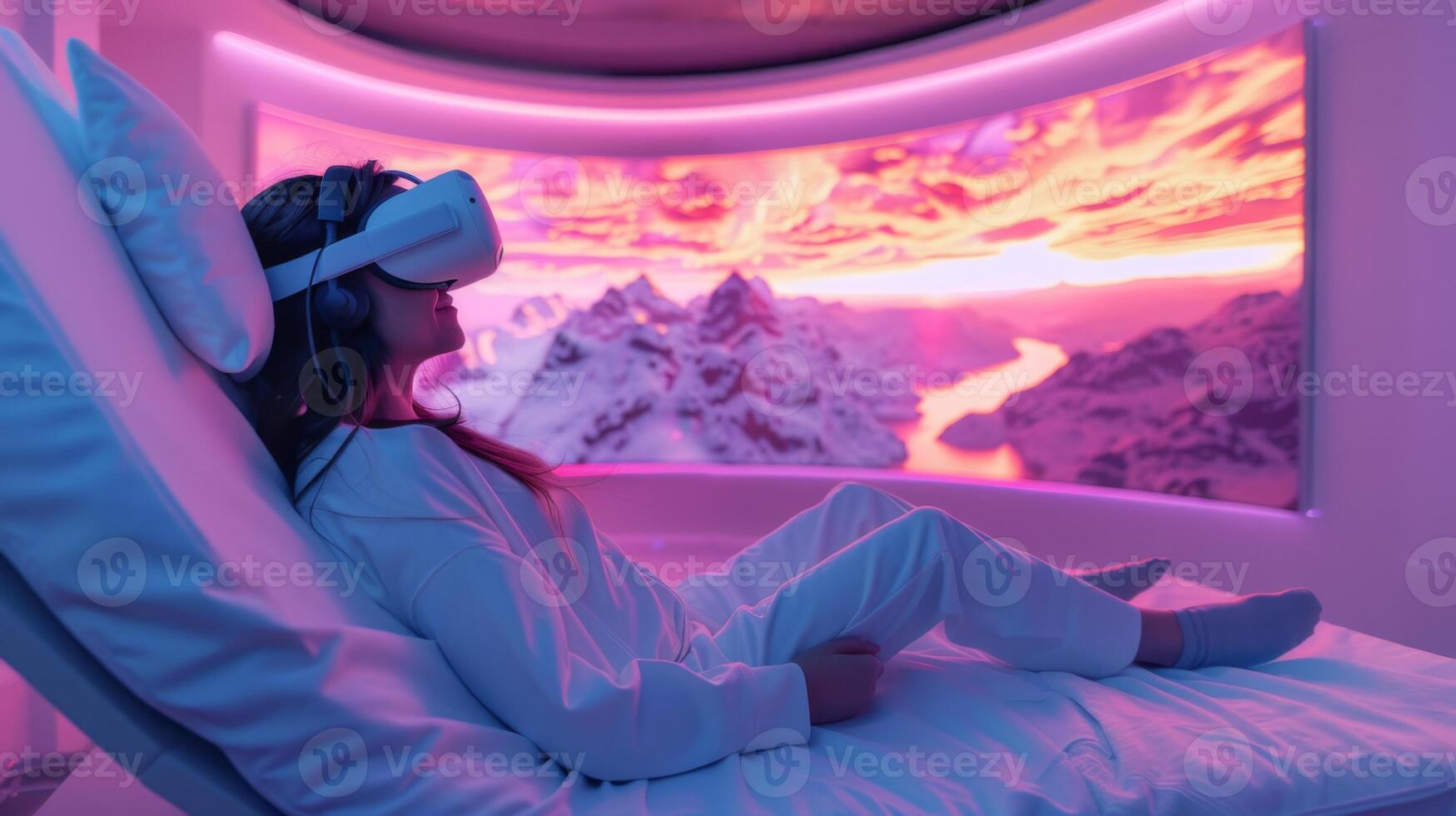 A person relaxes in a comfortable space while using virtual reality technology to engage in a mindfulness exercise, surrounded by vivid, scenic imagery that promotes relaxation. photo