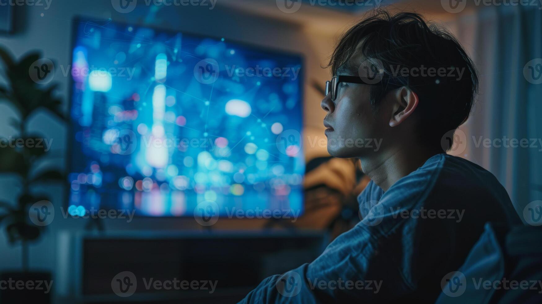 A person sits comfortably at home, focused on a large screen displaying a vibrant cityscape at night, utilizing digital therapy apps for mindfulness and mental health enhancement. photo