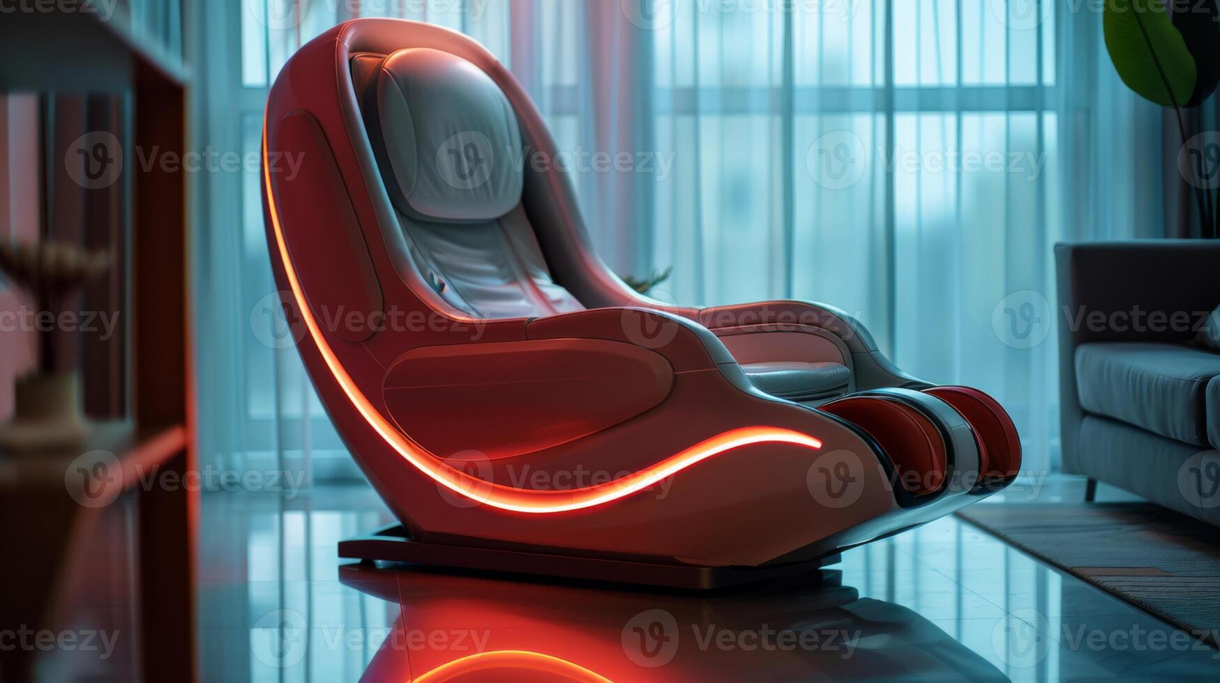 A modern massage chair illuminated with soft lighting sits in a tranquil room, promoting relaxation and mindfulness for mental health therapy and digital wellness. photo