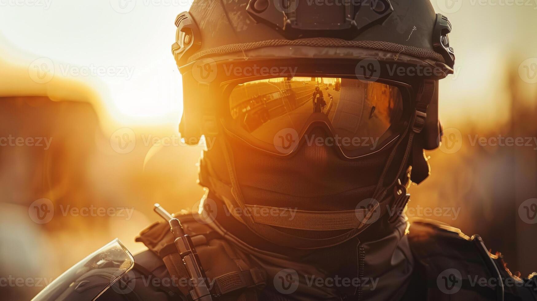 A soldier equipped with tactical gear and reflective goggles stands tall against a vibrant sunset, showcasing a moment from a military training exercise captured in warm lighting. photo