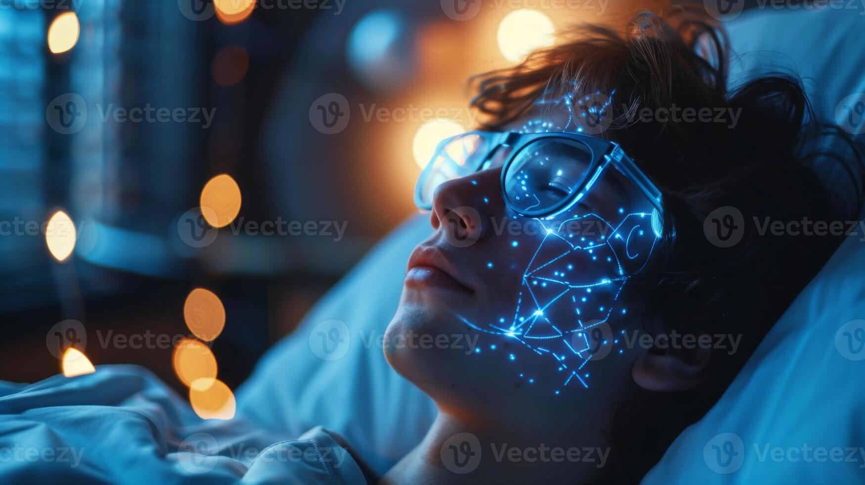 A young person lies comfortably in bed, wearing glasses with a glowing digital pattern on their face. Soft lights create a serene atmosphere, enhancing mindfulness and relaxation. photo
