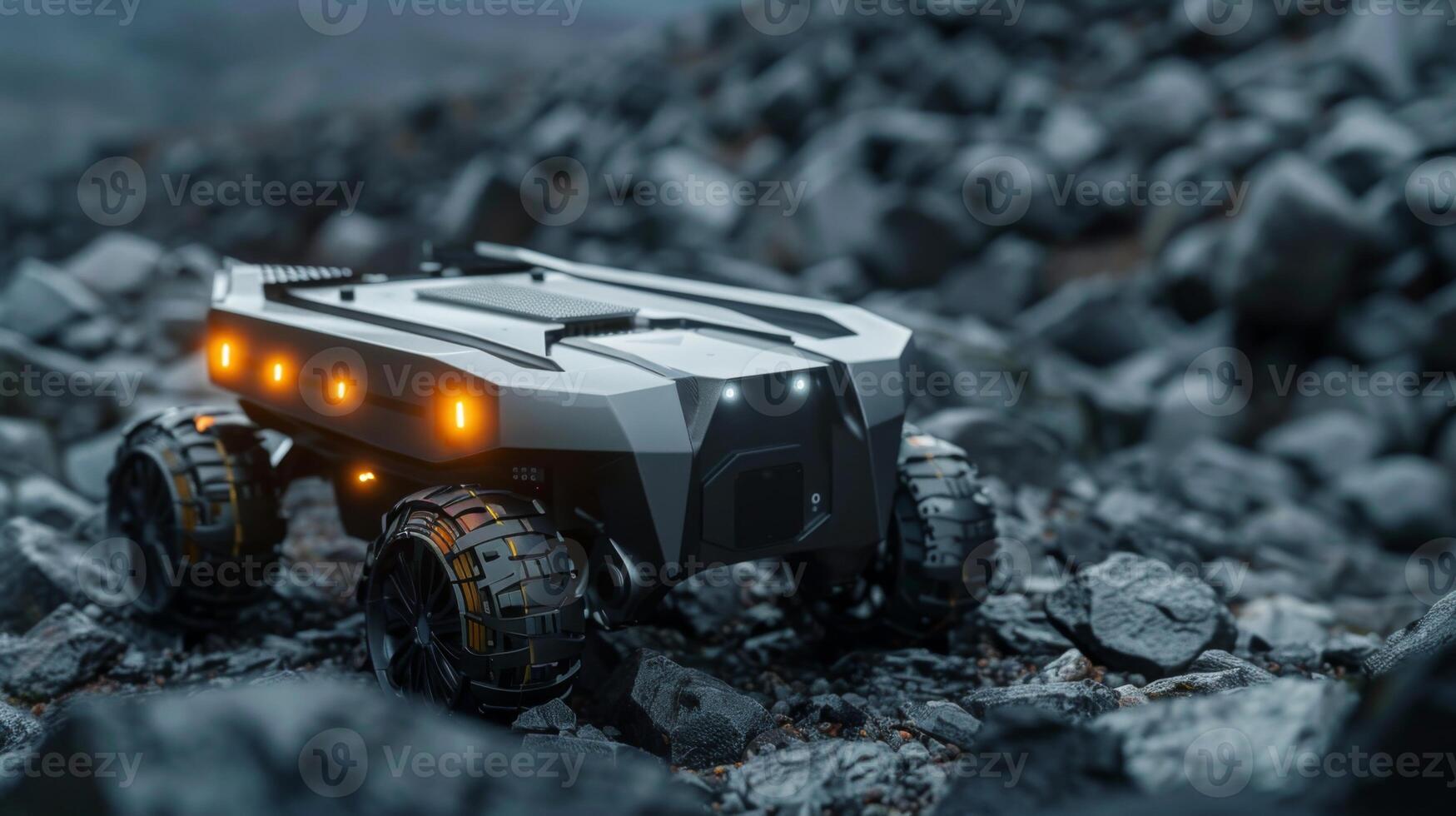 A compact robotic vehicle navigates through a rugged landscape filled with large stones while displaying glowing lights, showcasing advanced technology in an extraterrestrial environment. photo
