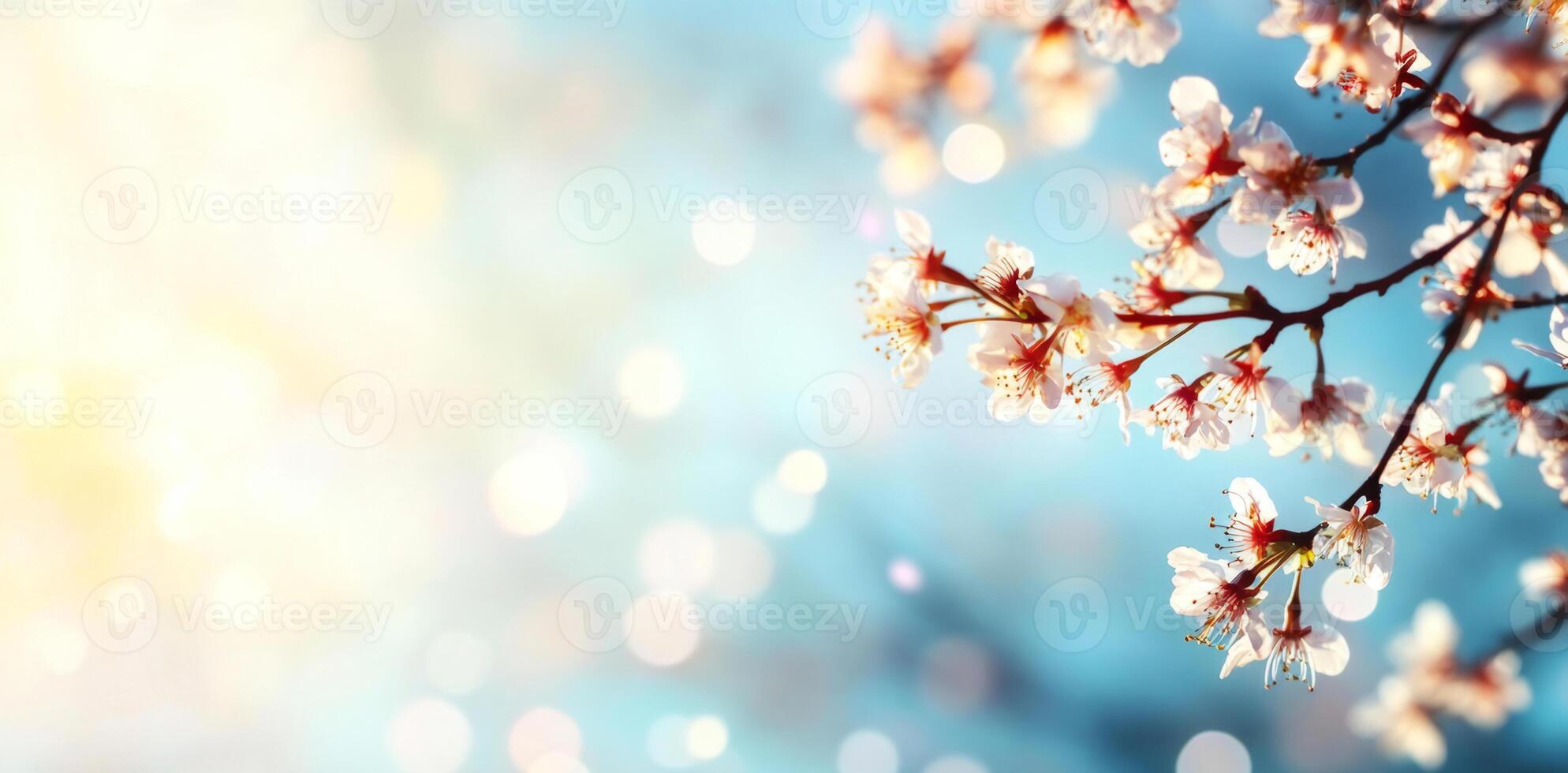 Delicate cherry blossoms bloom in the spring, showcasing soft pink petals against a gentle background of blue and light. photo