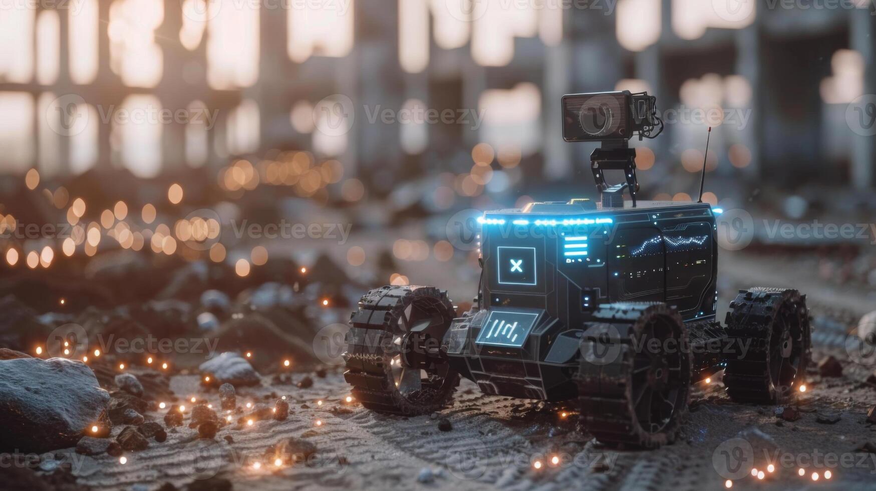 A robotic exploration unit is traversing a desolate, ruined environment with scattered debris and glowing particles, creating a captivating scene during sunset hours. photo
