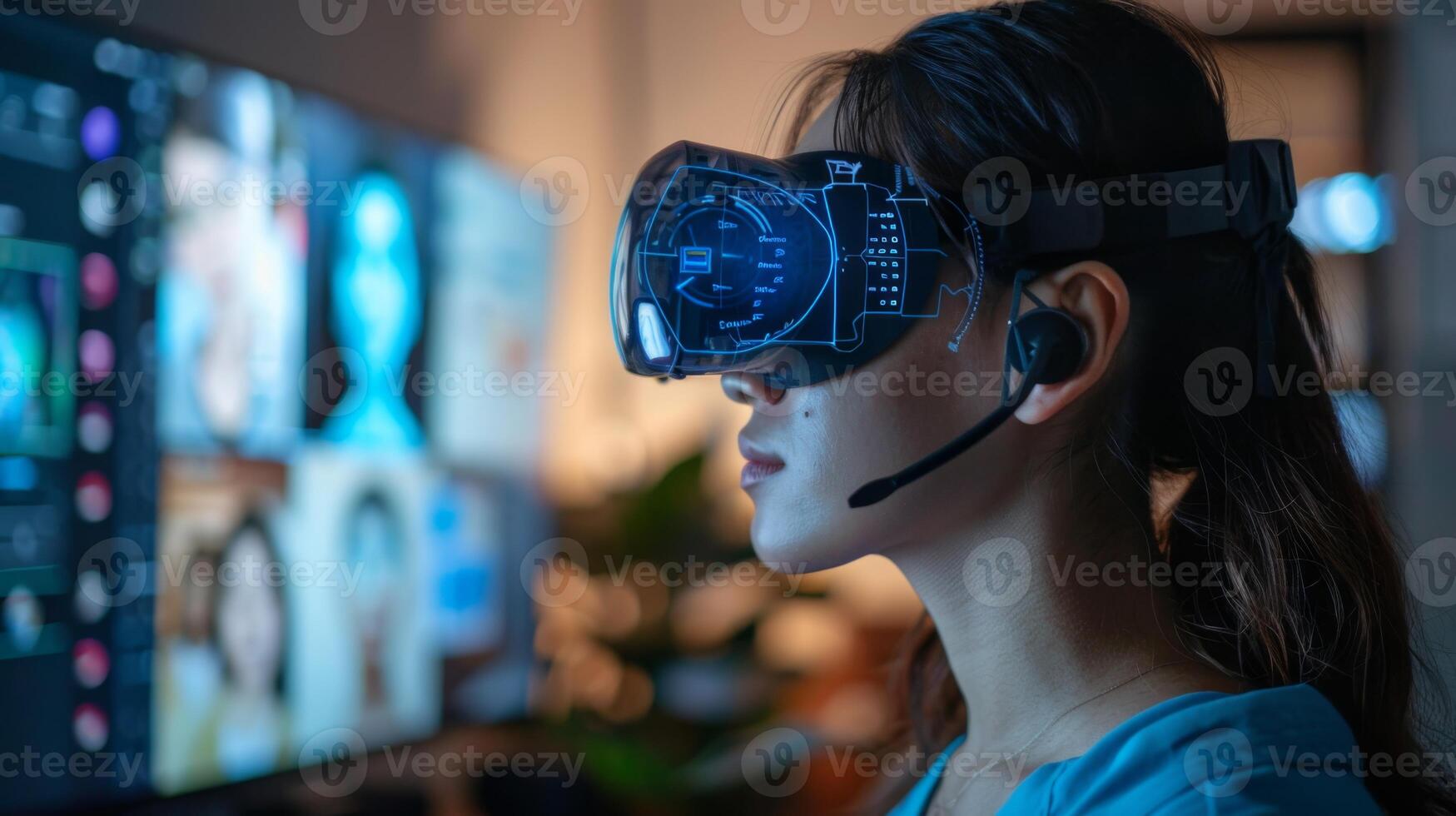 A person engages with virtual reality technology to access digital therapy resources, focusing on mindfulness and mental health, while connected to a remote telemedicine practitioner. photo
