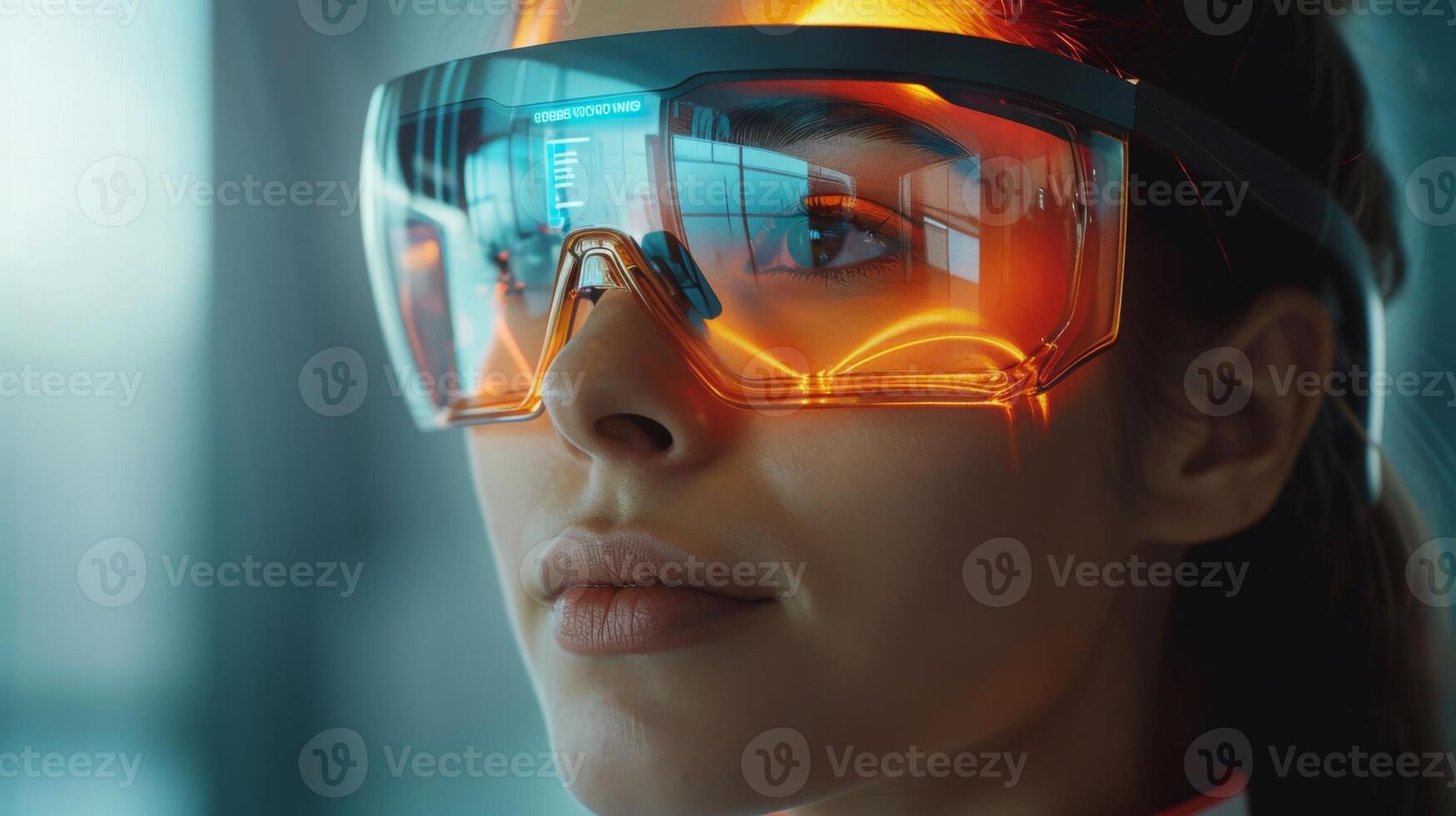 A person wearing high tech augmented reality glasses engages in a mindfulness exercise. The glasses display interactive mental health resources aimed at enhancing well being. photo