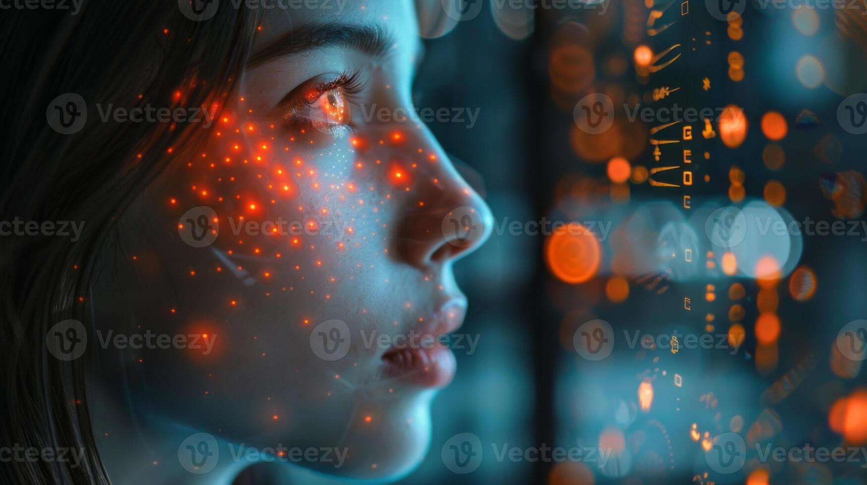 Focused on a woman with a serene expression, this artwork illustrates a fusion of digital therapy and mindfulness. Vibrant details symbolize mental health and telemedicine advances. photo
