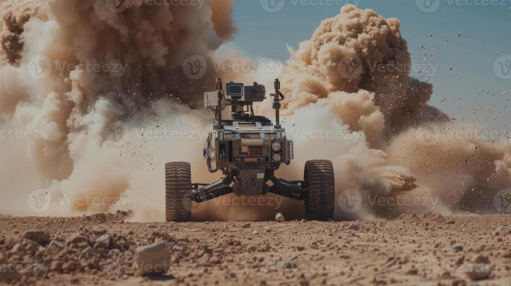 A robotic vehicle maneuvers through a swirling dust storm in a barren desert, displaying advanced capabilities in navigating challenging terrain and conditions during a test. photo