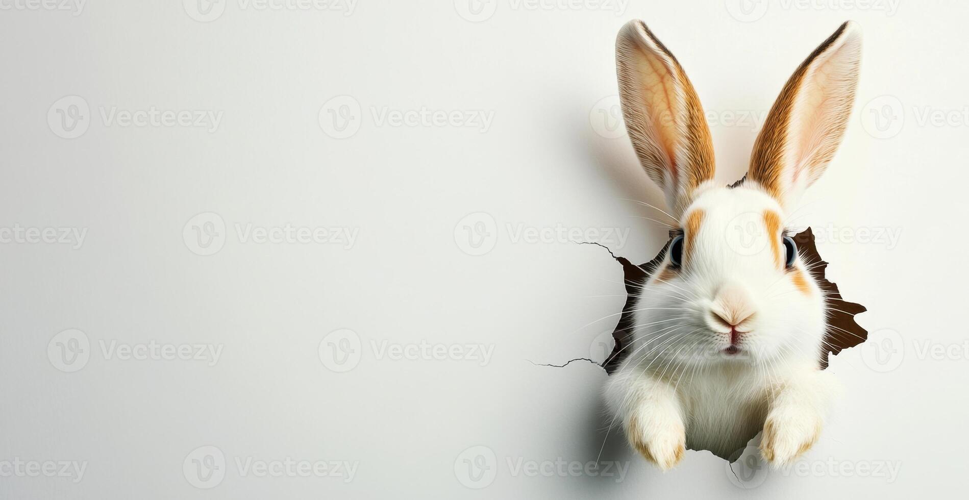 A cute bunny is peeking through a hole in a wall, showcasing its big ears and soft fur. This playful moment captures the festive spirit associated with Easter celebrations in springtime. photo
