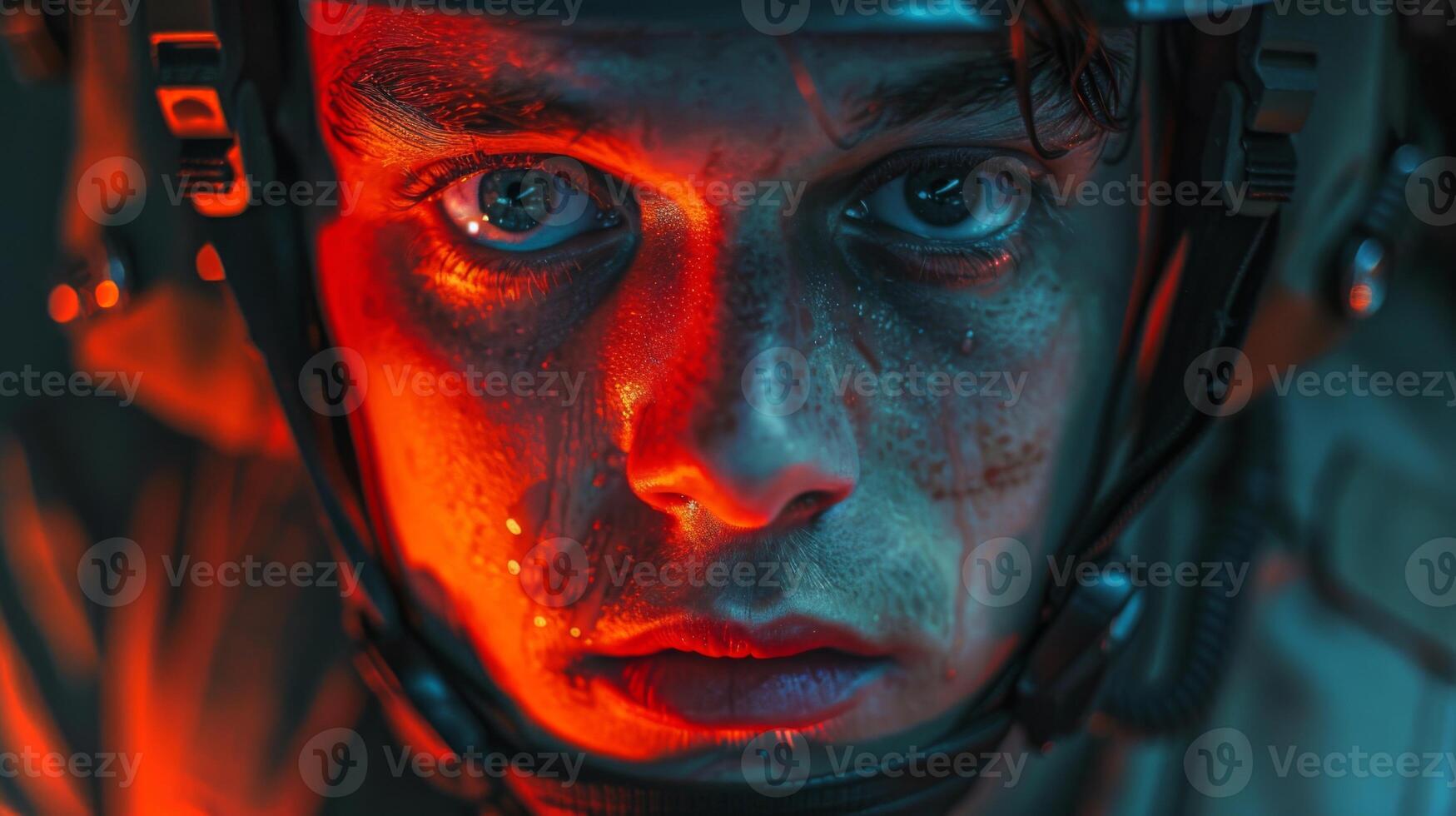 A soldier stares intensely with sweat on his face, illuminated by red and orange lights while participating in night operations, conveying focus and determination. photo