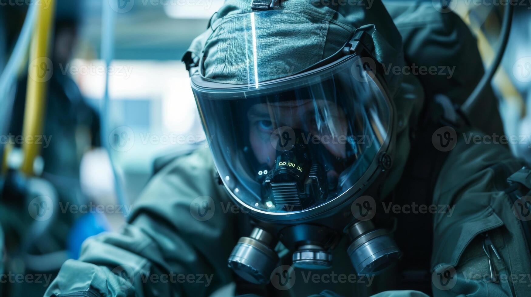 A soldier in a gas mask and protective suit is focused on a task during a simulated emergency response drill inside a secure facility. The atmosphere emphasizes urgency and professionalism. photo