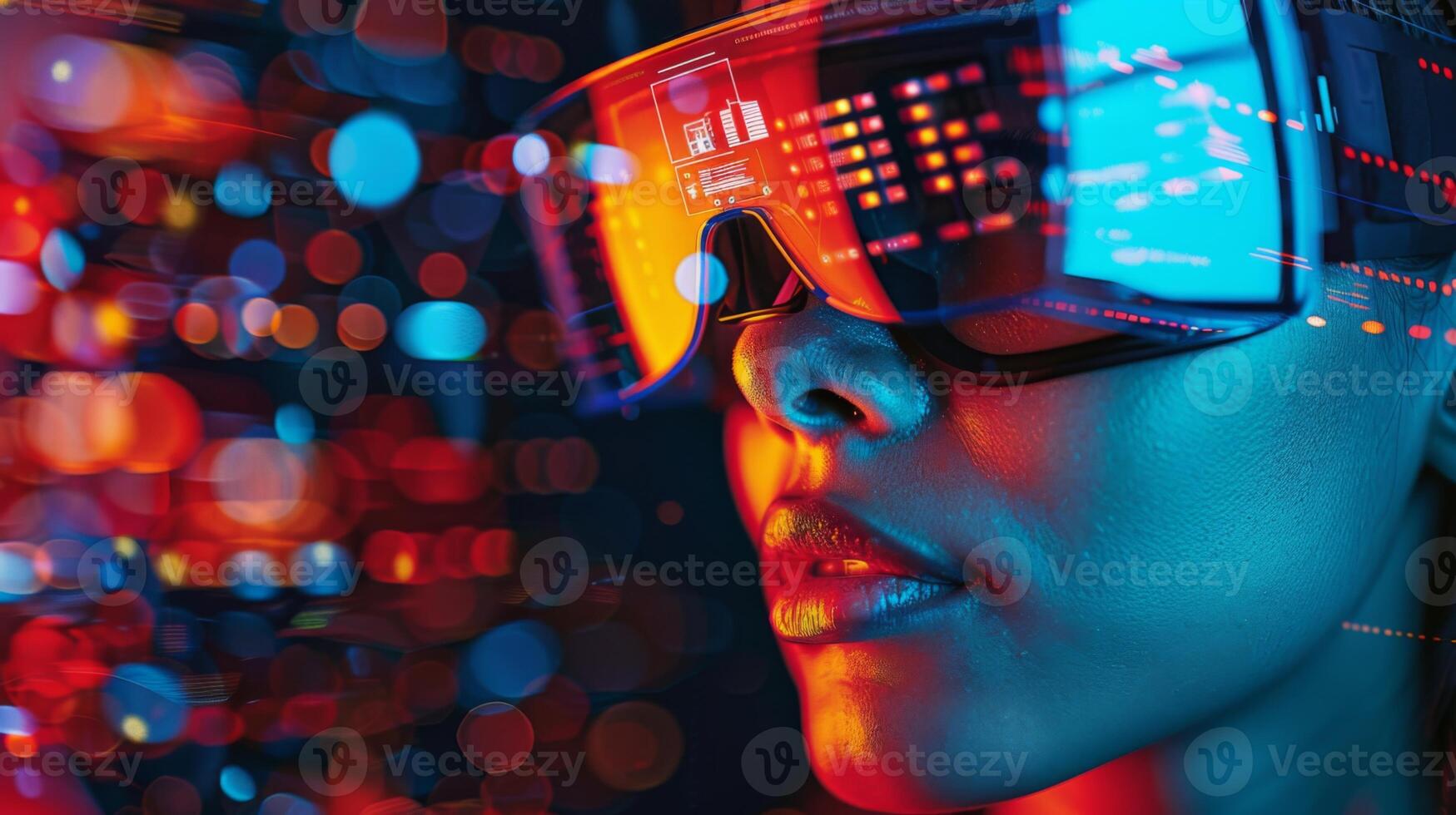 A person is engaged with digital therapy tools that blend vibrant lights and advanced visuals, focusing on mindfulness and mental health within a lively environment. photo