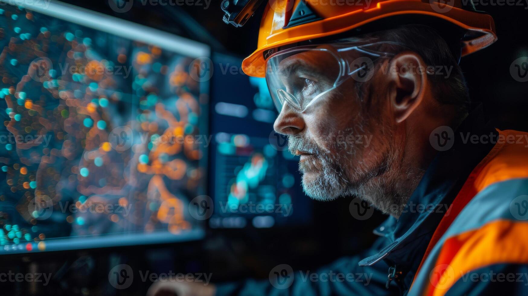 A skilled miner is focused on analyzing digital maps displayed on multiple screens in a dark control room, utilizing modern technology to aid underground exploration. photo