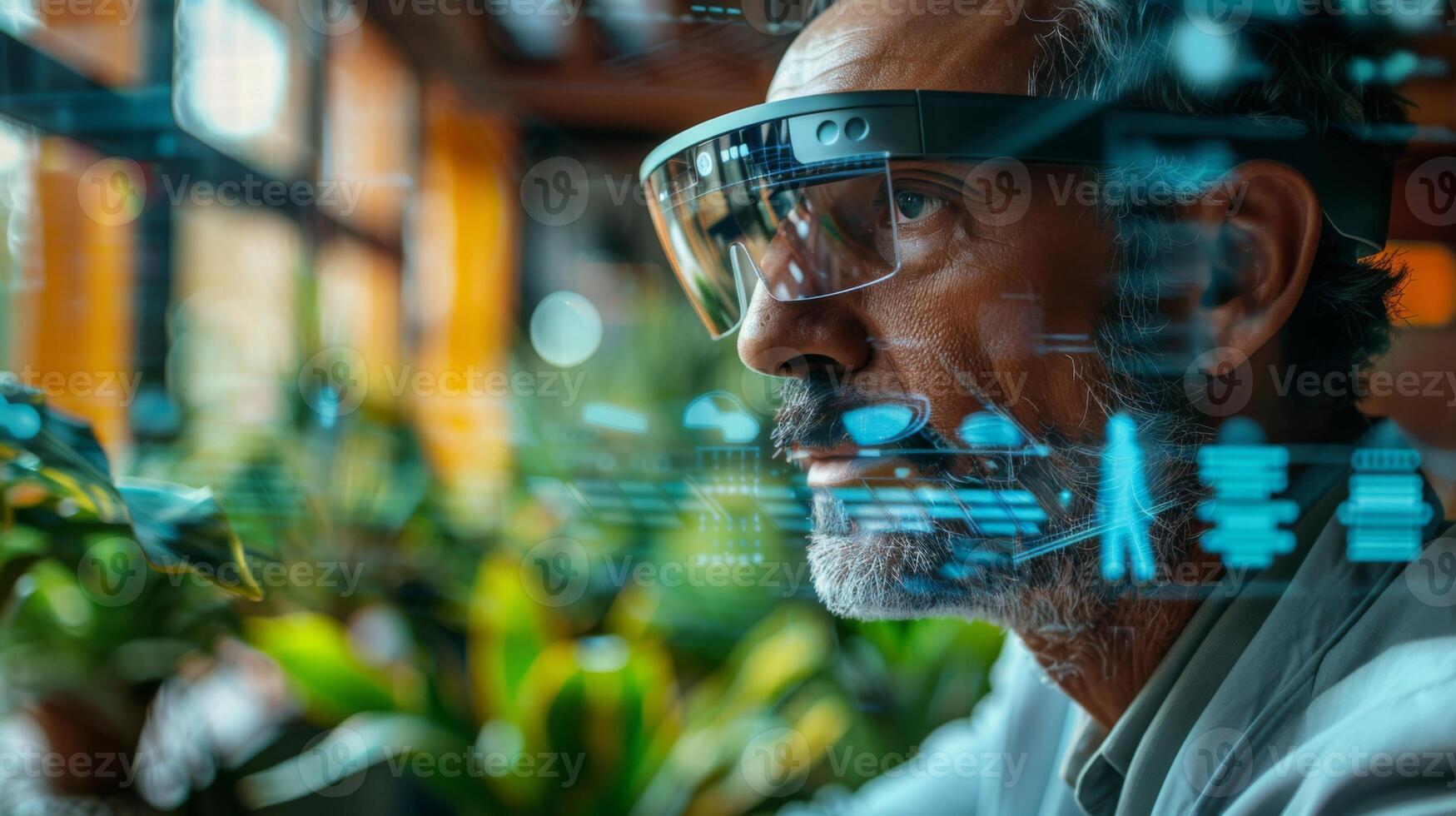 A person with glasses engages with digital therapy applications focused on mindfulness and mental health while surrounded by greenery in a contemporary workspace. photo