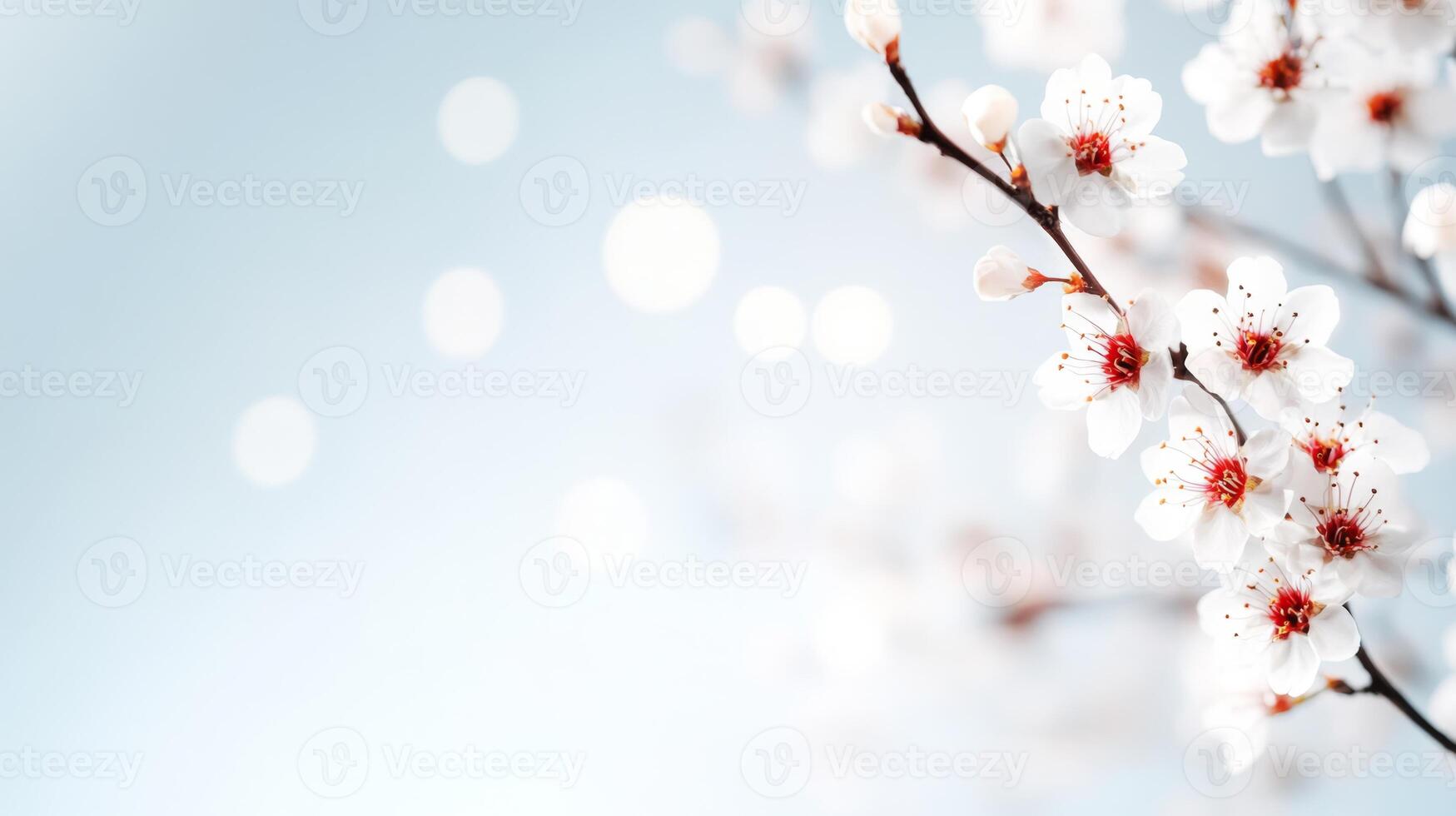 Cherry blossom branches are adorned with delicate white flowers, showcasing their beauty against a softly blurred blue background. This vibrant display symbolizes the arrival of spring and renewal. photo