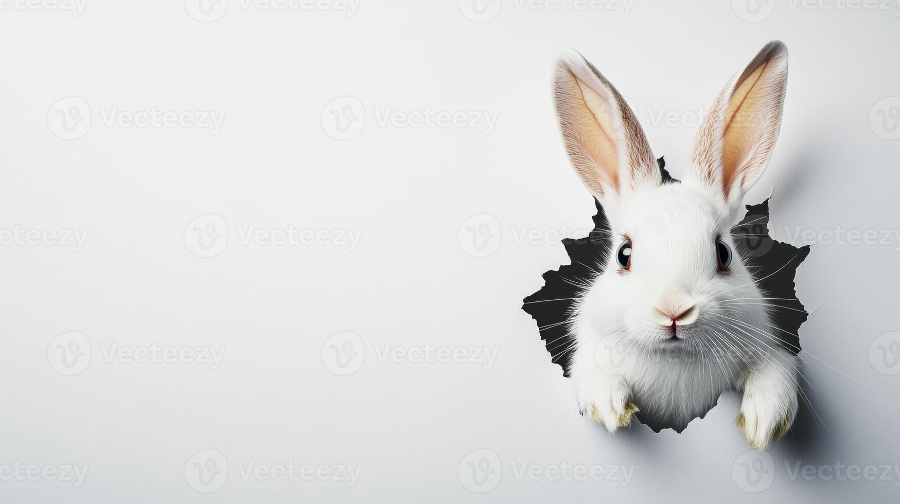 A cheerful bunny with soft white fur peeks through a torn wall, adding a whimsical touch to Easter celebrations. The context suggests a playful spirit associated with the holiday. photo