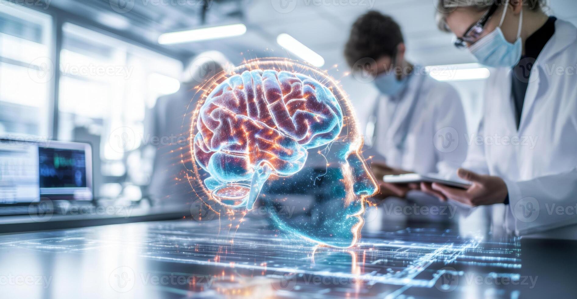 A group of interns in lab coats collaborates on advanced medical research. They engage with digital technology, indicating significant strides in medical innovations and future healthcare. photo